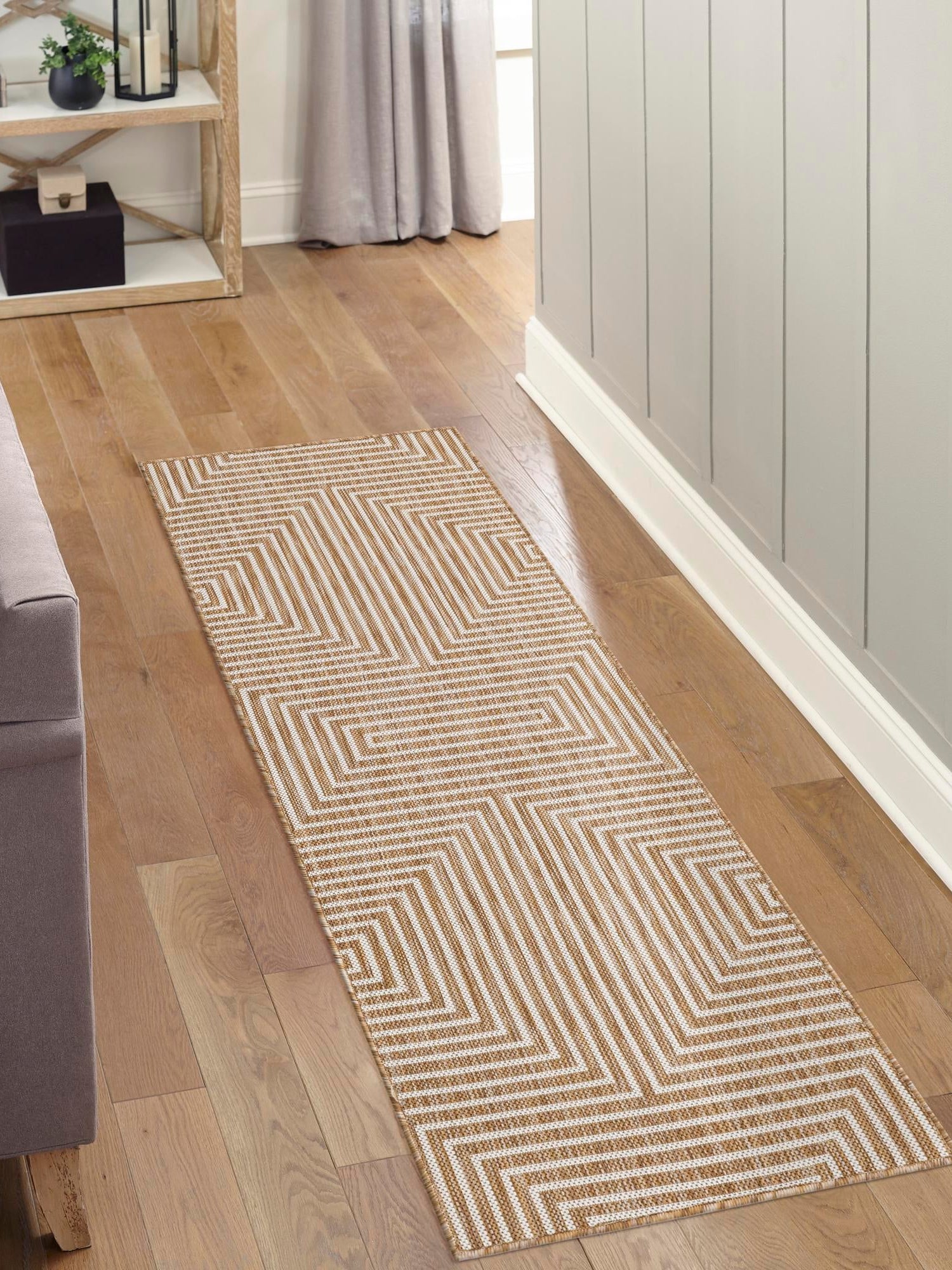Taupe 2' 7 x 12' Outdoor Modern Runner Area Rug Weather Resistant for Patio, Deck, Terrace, Balcony, Porch 100% Polypropylene Modern Outside Carpet for Sale at Rug Engine