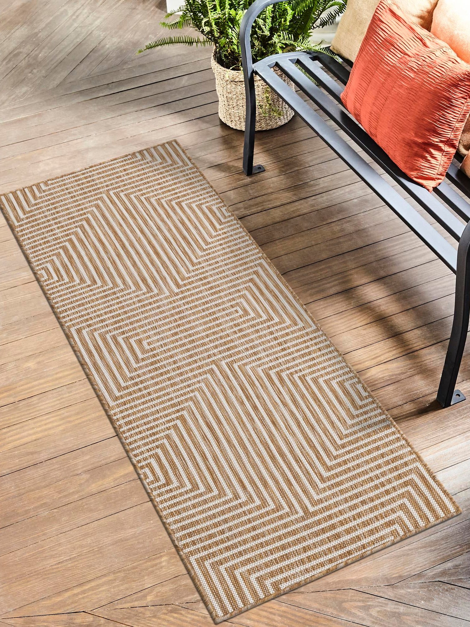Taupe 2' 7 x 12' Outdoor Modern Runner Area Rug Weather Resistant for Patio, Deck, Terrace, Balcony, Porch 100% Polypropylene Modern Outside Carpet for Sale at Rug Engine