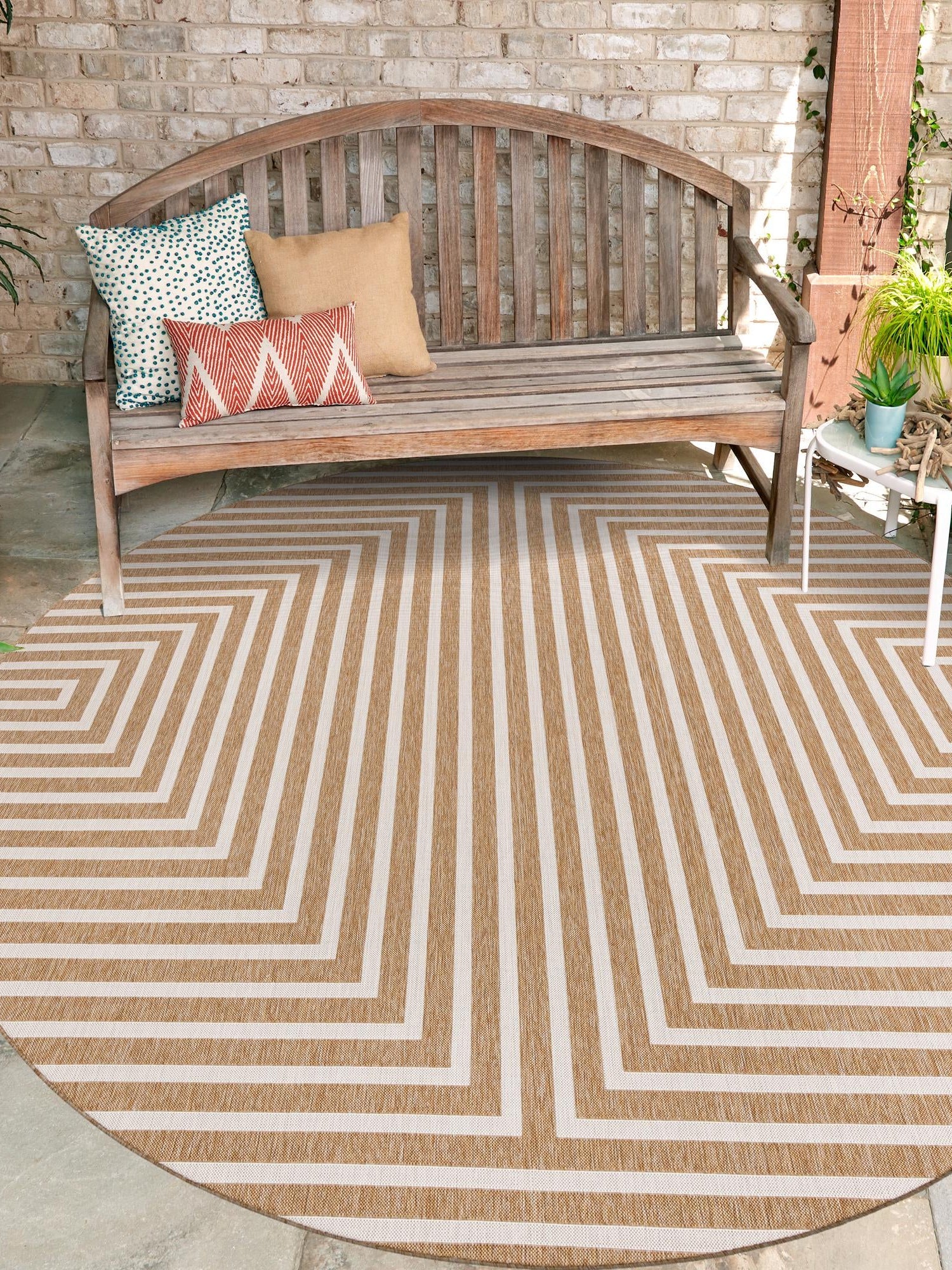 Taupe 12' x 12' Outdoor Modern Round Area Rug Weather Resistant for Patio, Deck, Terrace, Balcony, Porch 100% Polypropylene Modern Outside Carpet for Sale at Rug Engine