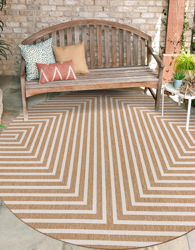 Taupe 12' x 12' Outdoor Modern Round Area Rug Weather Resistant for Patio, Deck, Terrace, Balcony, Porch 100% Polypropylene Modern Outside Carpet for Sale at Rug Engine