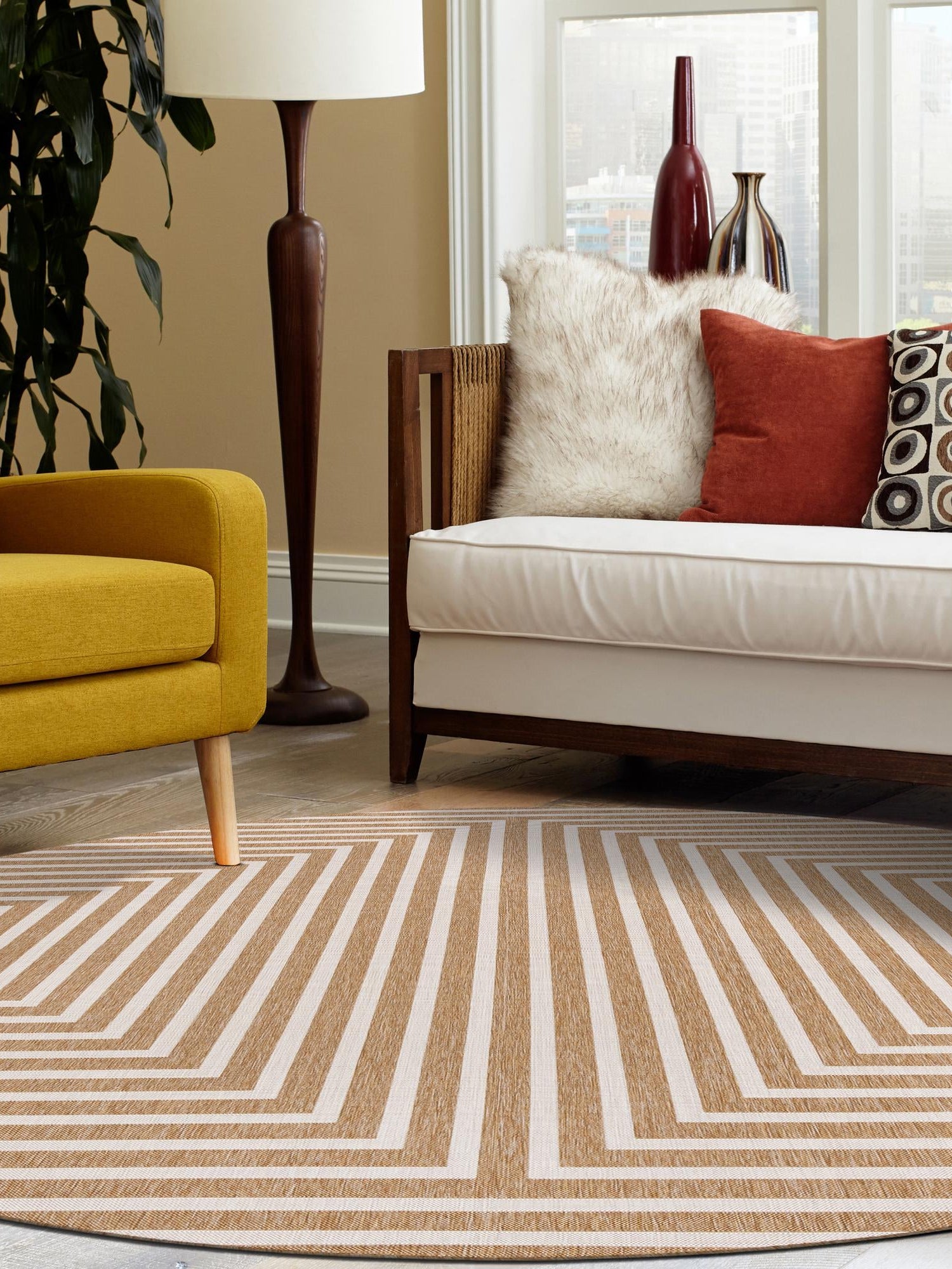 Taupe 12' x 12' Outdoor Modern Round Area Rug Weather Resistant for Patio, Deck, Terrace, Balcony, Porch 100% Polypropylene Modern Outside Carpet for Sale at Rug Engine