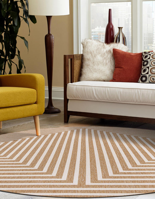 Taupe 12' x 12' Outdoor Modern Round Area Rug Weather Resistant for Patio, Deck, Terrace, Balcony, Porch 100% Polypropylene Modern Outside Carpet for Sale at Rug Engine