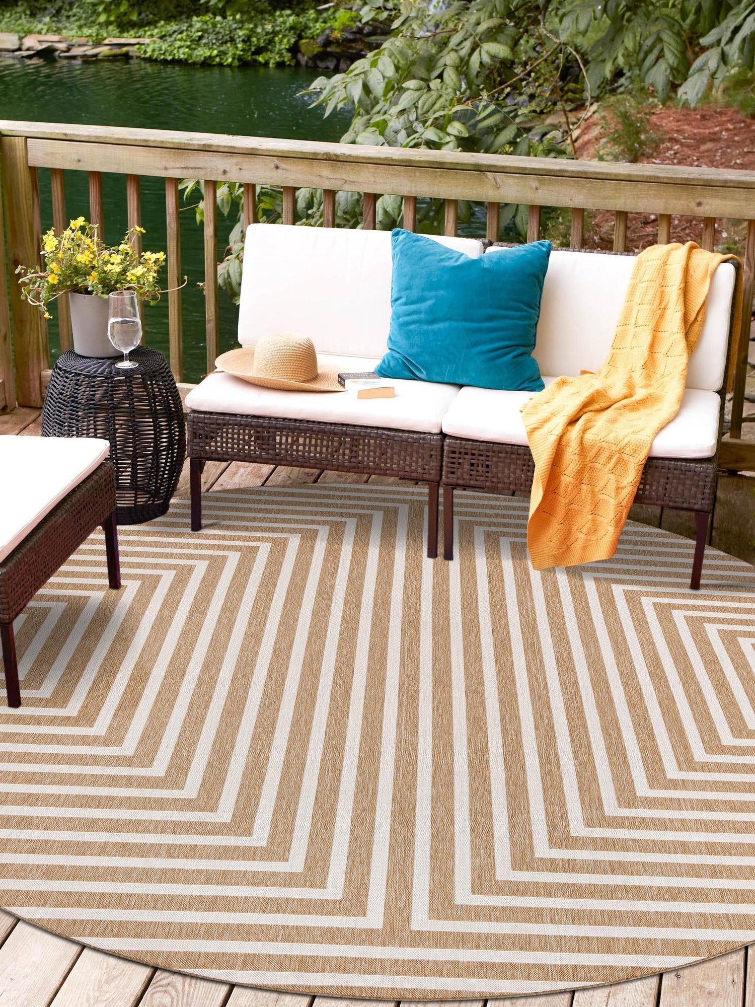 Taupe 12' x 12' Outdoor Modern Round Area Rug Weather Resistant for Patio, Deck, Terrace, Balcony, Porch 100% Polypropylene Modern Outside Carpet for Sale at Rug Engine