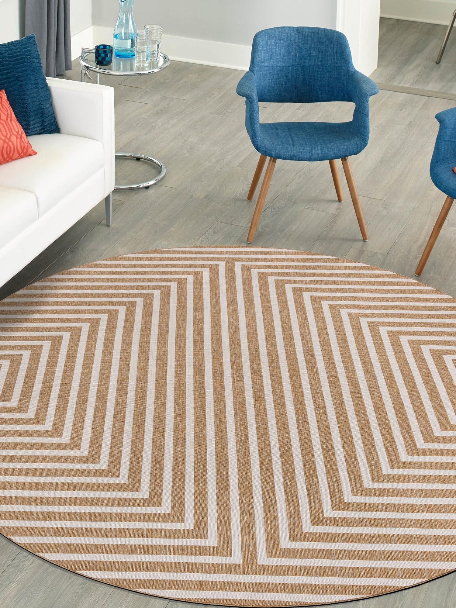 Taupe 12' x 12' Outdoor Modern Round Area Rug Weather Resistant for Patio, Deck, Terrace, Balcony, Porch 100% Polypropylene Modern Outside Carpet for Sale at Rug Engine