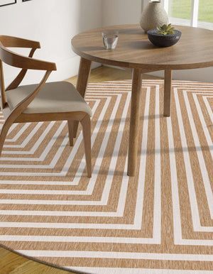 Taupe 7' 10 x 7' 10 Outdoor Modern Round Area Rug Weather Resistant for Patio, Deck, Terrace, Balcony, Porch 100% Polypropylene Modern Outside Carpet for Sale at Rug Engine