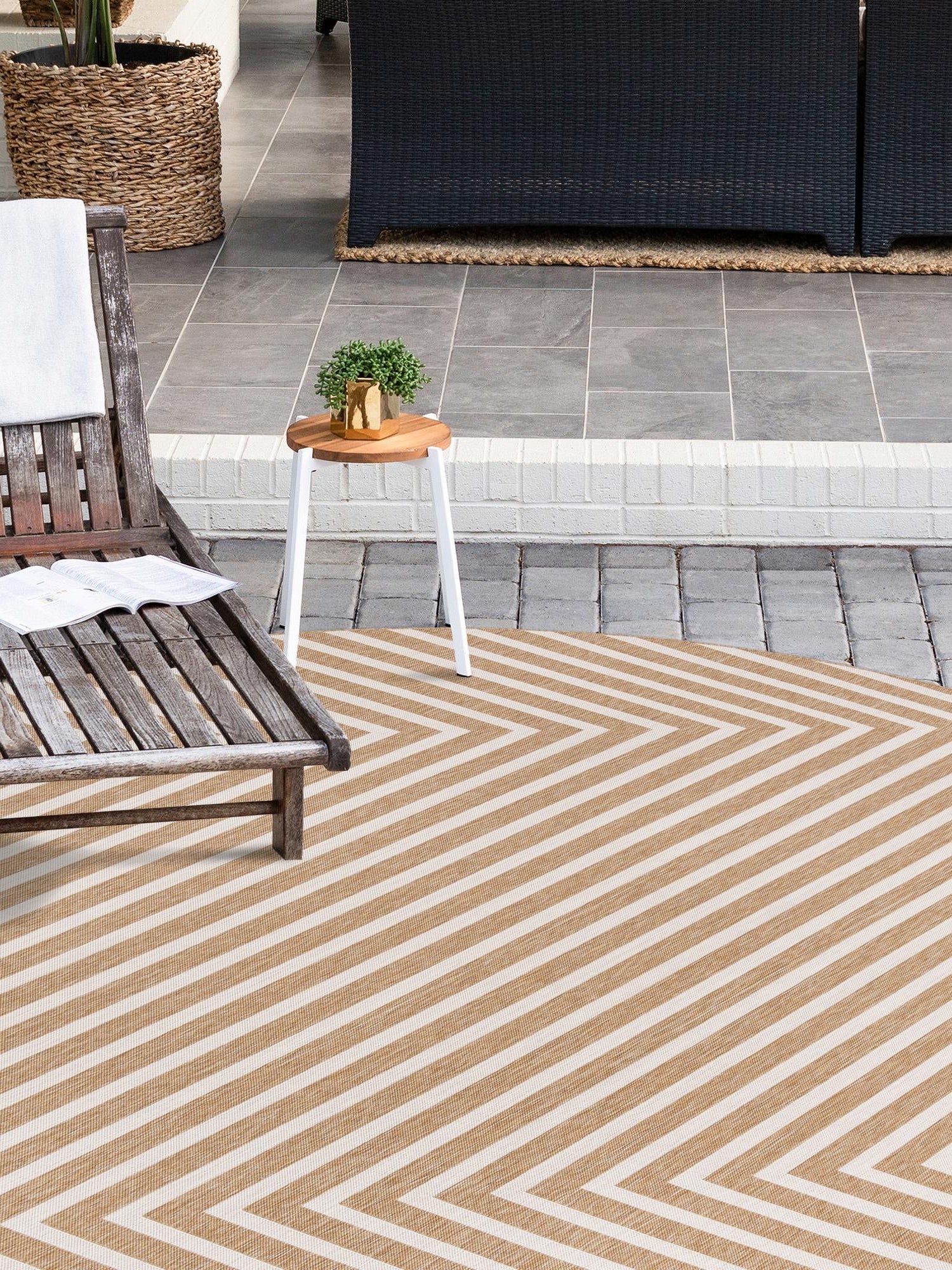 Taupe 7' 10 x 7' 10 Outdoor Modern Round Area Rug Weather Resistant for Patio, Deck, Terrace, Balcony, Porch 100% Polypropylene Modern Outside Carpet for Sale at Rug Engine