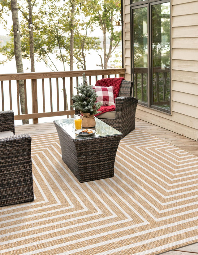 Taupe 10' x 10' Outdoor Modern Square Area Rug Weather Resistant for Patio, Deck, Terrace, Balcony, Porch 100% Polypropylene Modern Outside Carpet for Sale at Rug Engine