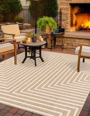 Taupe 7' 10 x 7' 10 Outdoor Modern Square Area Rug Weather Resistant for Patio, Deck, Terrace, Balcony, Porch 100% Polypropylene Modern Outside Carpet for Sale at Rug Engine
