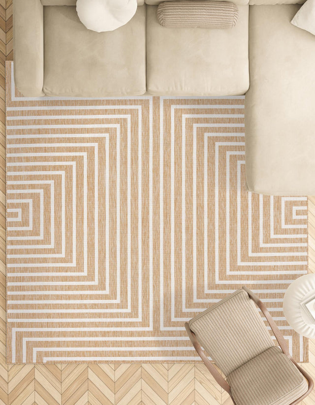 Taupe 7' 10 x 7' 10 Outdoor Modern Square Area Rug Weather Resistant for Patio, Deck, Terrace, Balcony, Porch 100% Polypropylene Modern Outside Carpet for Sale at Rug Engine