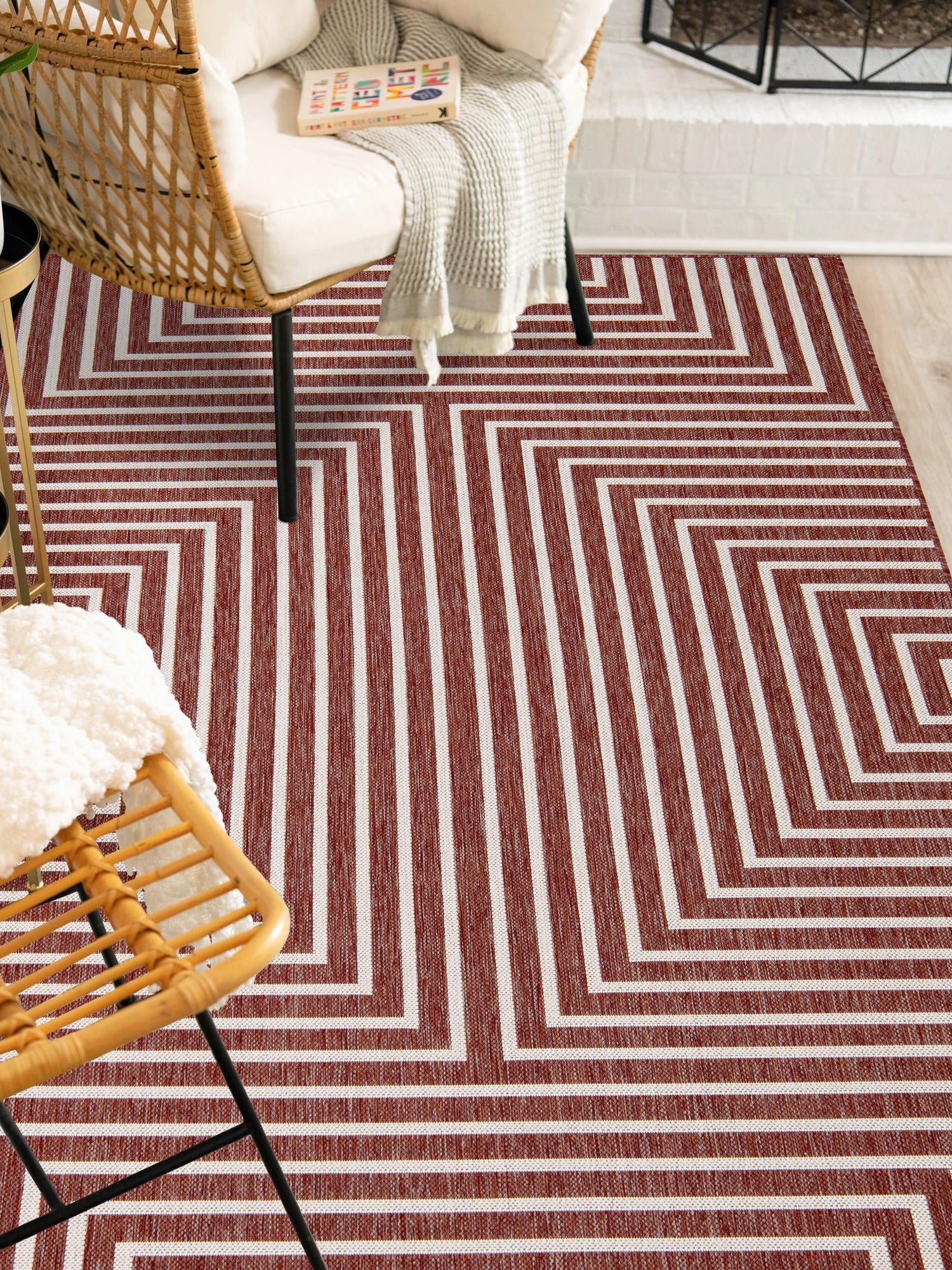 Rust Red 4' 1 x 6' 1 Outdoor Modern Rectangle Area Rug Weather Resistant for Patio, Deck, Terrace, Balcony, Porch 100% Polypropylene Modern Outside Carpet for Sale at Rug Engine