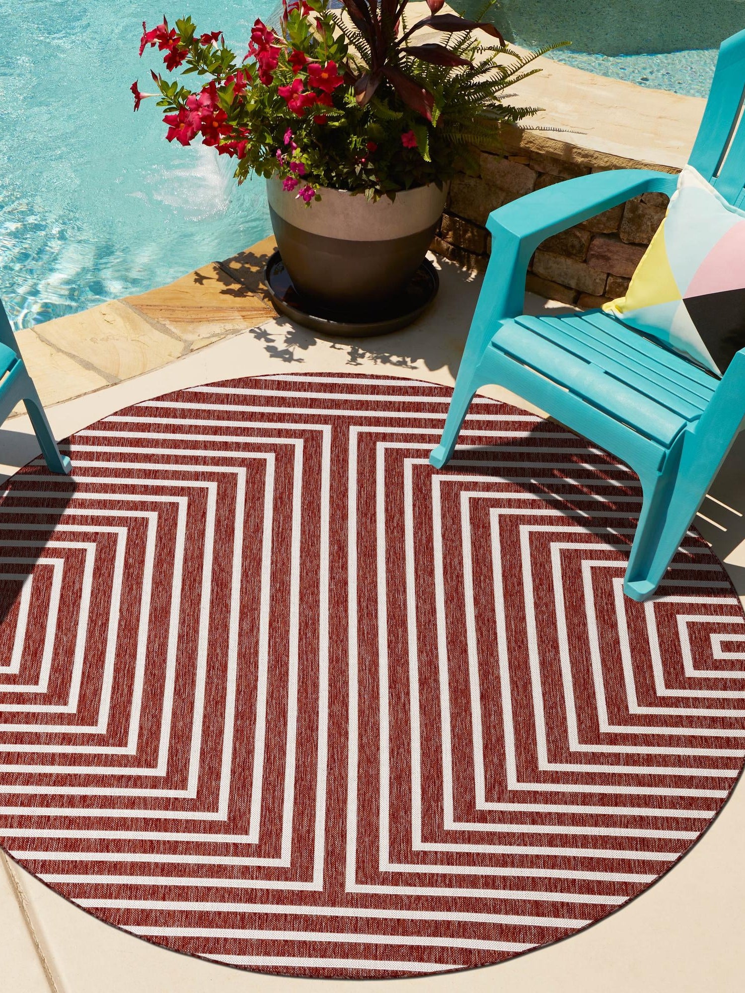 Rust Red 6' 1 x 6' 1 Outdoor Modern Round Area Rug Weather Resistant for Patio, Deck, Terrace, Balcony, Porch 100% Polypropylene Modern Outside Carpet for Sale at Rug Engine