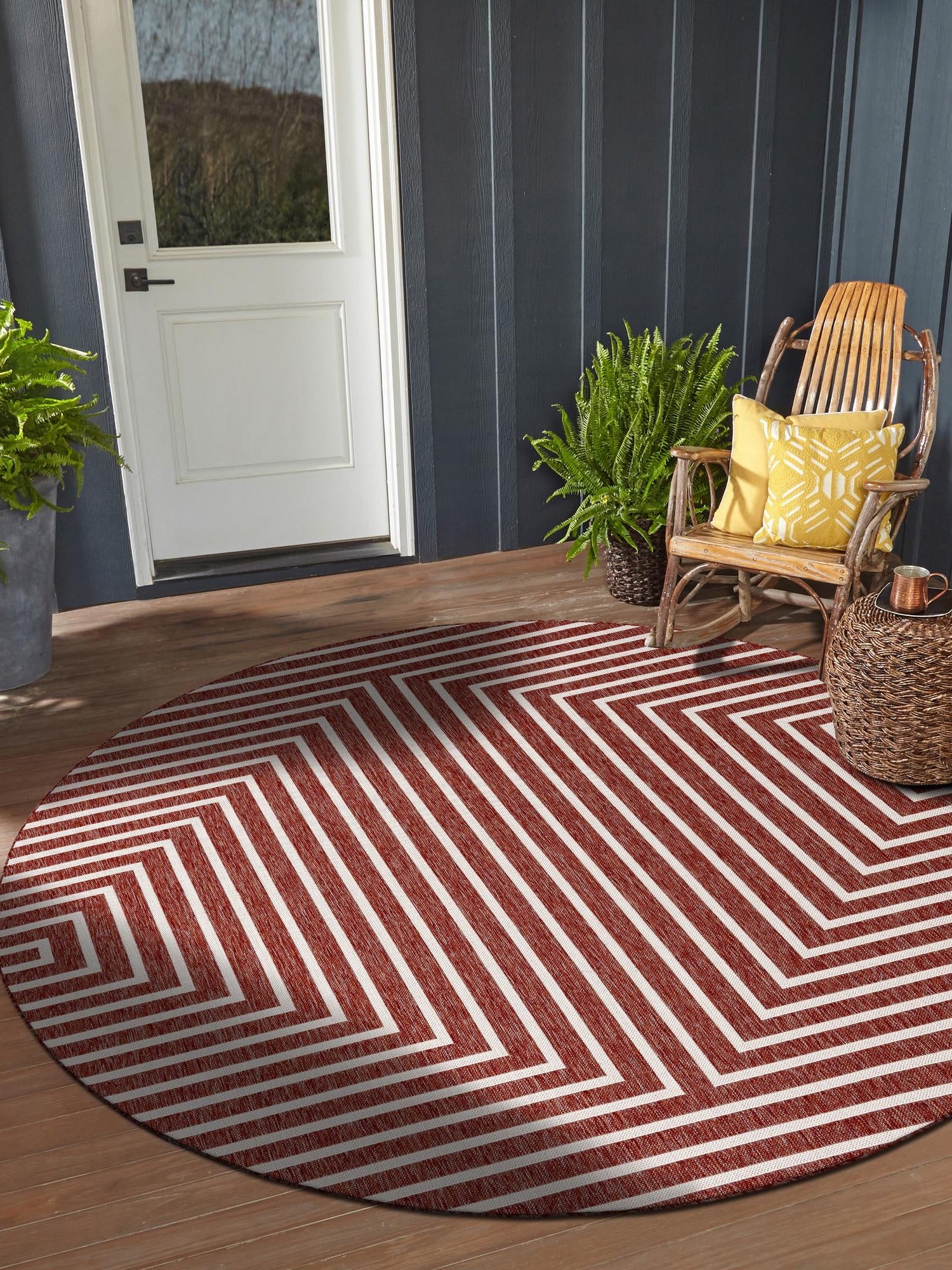 Rust Red 6' 1 x 6' 1 Outdoor Modern Round Area Rug Weather Resistant for Patio, Deck, Terrace, Balcony, Porch 100% Polypropylene Modern Outside Carpet for Sale at Rug Engine