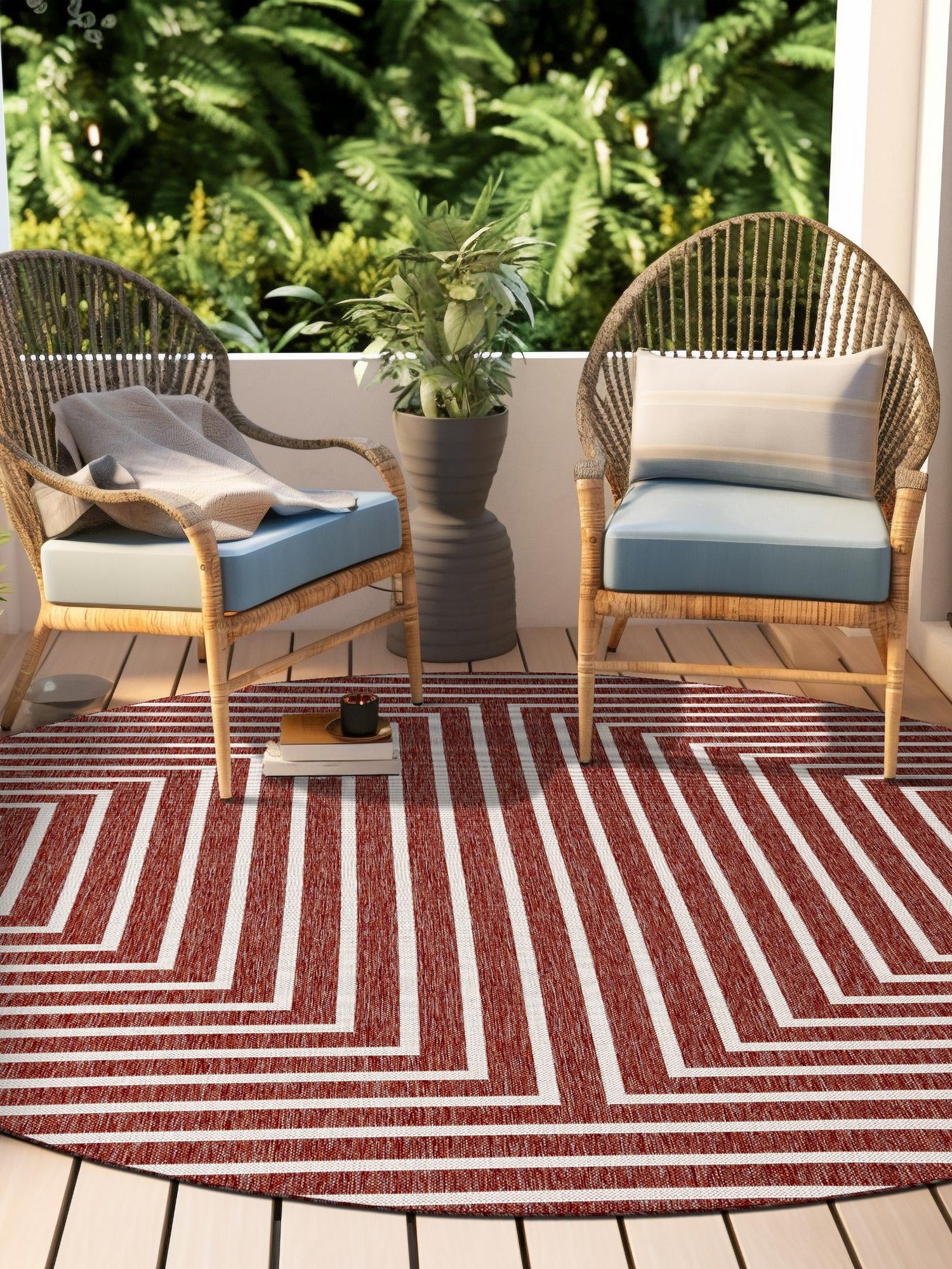Rust Red 7' 10 x 7' 10 Outdoor Modern Round Area Rug Weather Resistant for Patio, Deck, Terrace, Balcony, Porch 100% Polypropylene Modern Outside Carpet for Sale at Rug Engine