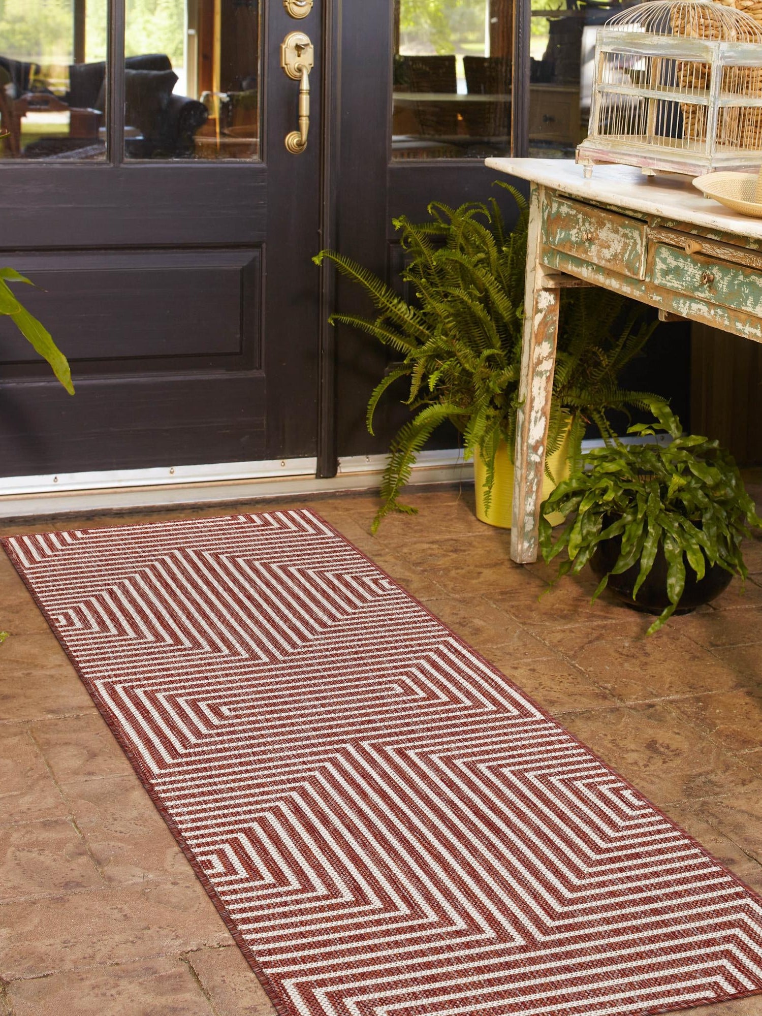 Rust Red 2' x 5' 3 Outdoor Modern Runner Area Rug Weather Resistant for Patio, Deck, Terrace, Balcony, Porch 100% Polypropylene Modern Outside Carpet for Sale at Rug Engine