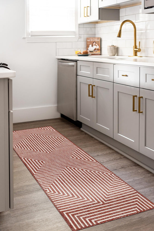 Rust Red 2' 7 x 12' Outdoor Modern Runner Area Rug Weather Resistant for Patio, Deck, Terrace, Balcony, Porch 100% Polypropylene Modern Outside Carpet for Sale at Rug Engine