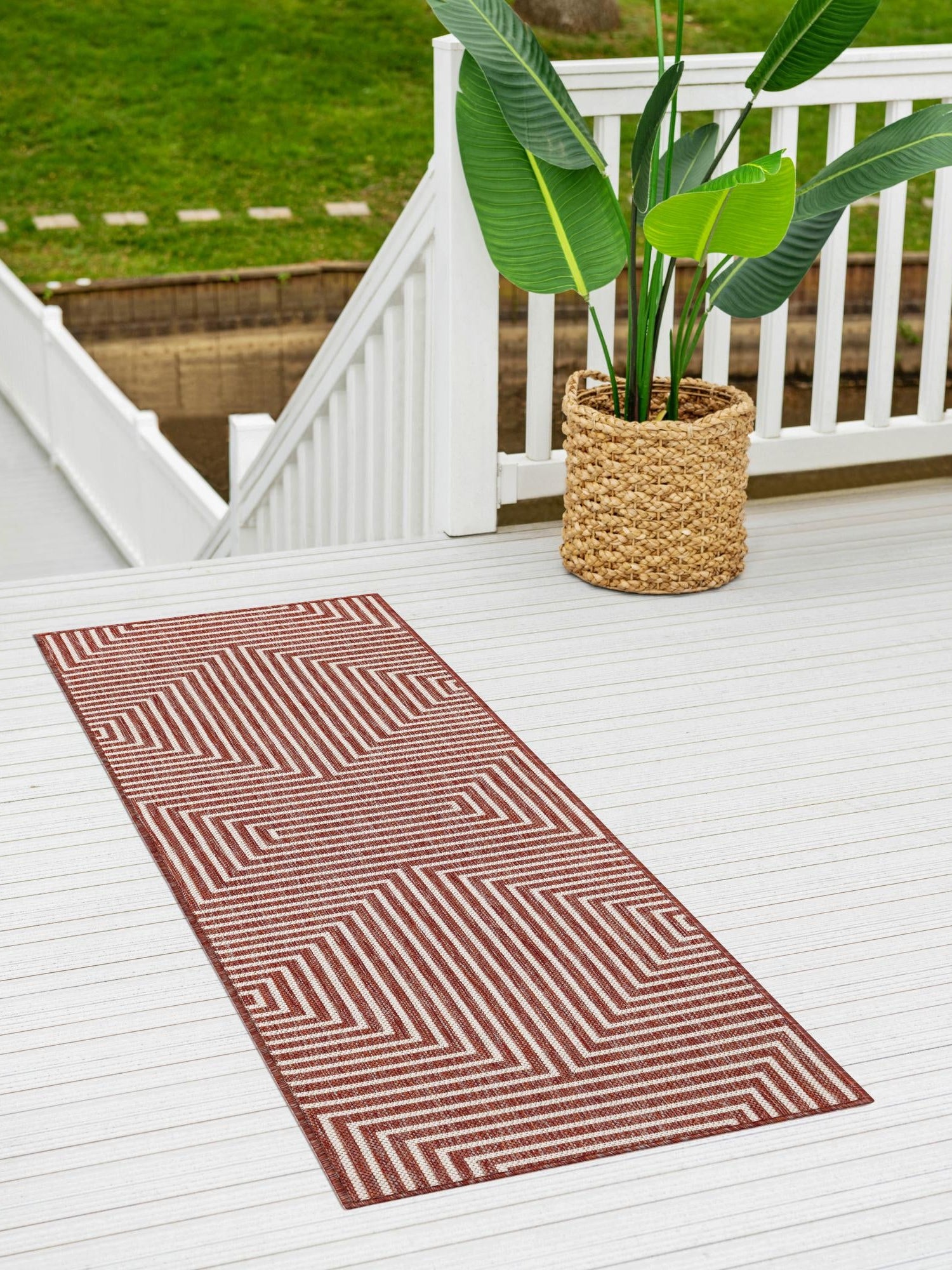 Rust Red 2' x 5' 3 Outdoor Modern Runner Area Rug Weather Resistant for Patio, Deck, Terrace, Balcony, Porch 100% Polypropylene Modern Outside Carpet for Sale at Rug Engine