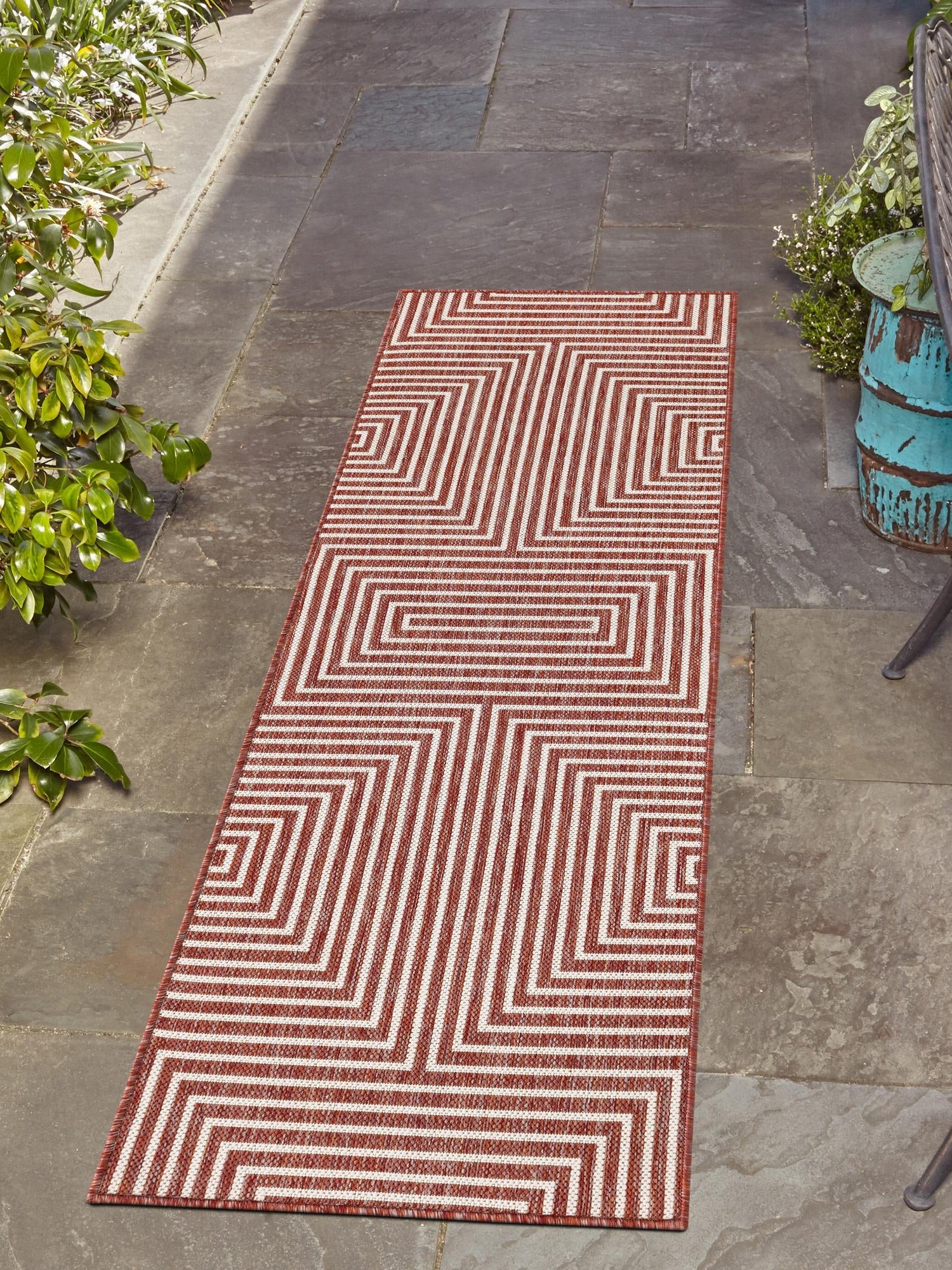 Rust Red 2' 7 x 12' Outdoor Modern Runner Area Rug Weather Resistant for Patio, Deck, Terrace, Balcony, Porch 100% Polypropylene Modern Outside Carpet for Sale at Rug Engine