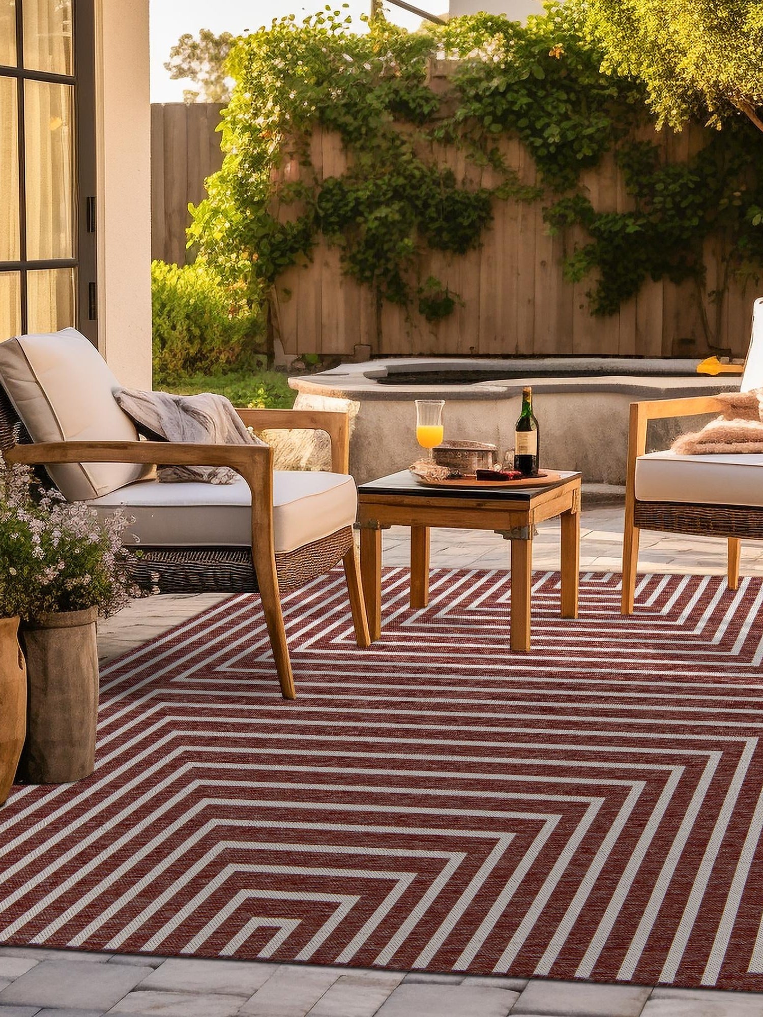 Rust Red 7' 10 x 7' 10 Outdoor Modern Square Area Rug Weather Resistant for Patio, Deck, Terrace, Balcony, Porch 100% Polypropylene Modern Outside Carpet for Sale at Rug Engine