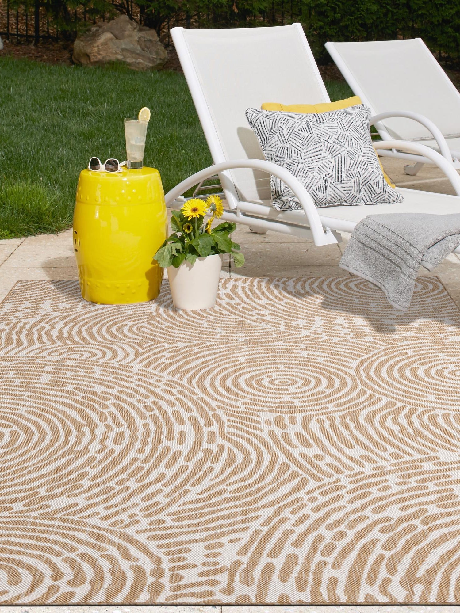 Taupe 5' 3 x 7' 1 Outdoor Modern Rectangle Area Rug Weather Resistant for Patio, Deck, Terrace, Balcony, Porch 100% Polypropylene Modern Outside Carpet for Sale at Rug Engine