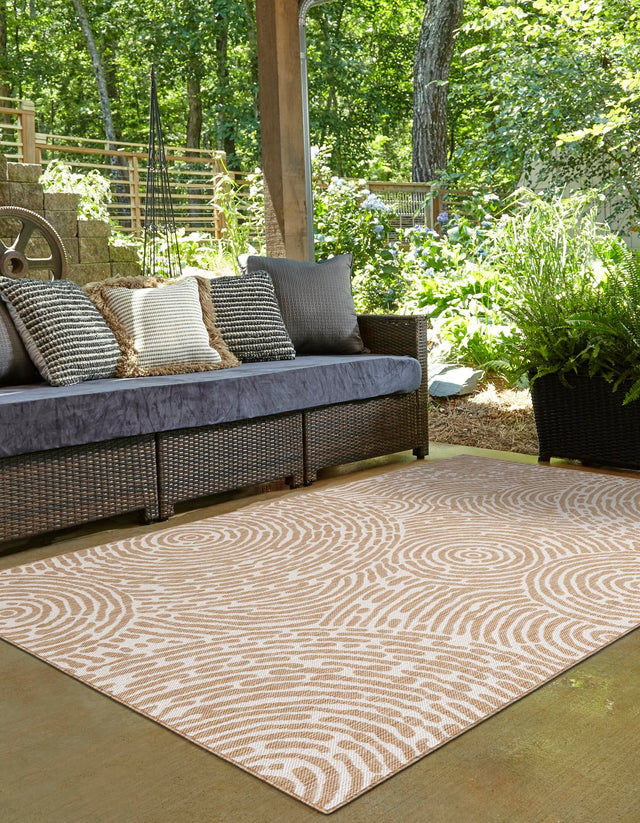 Taupe 5' 3 x 7' 1 Outdoor Modern Rectangle Area Rug Weather Resistant for Patio, Deck, Terrace, Balcony, Porch 100% Polypropylene Modern Outside Carpet for Sale at Rug Engine