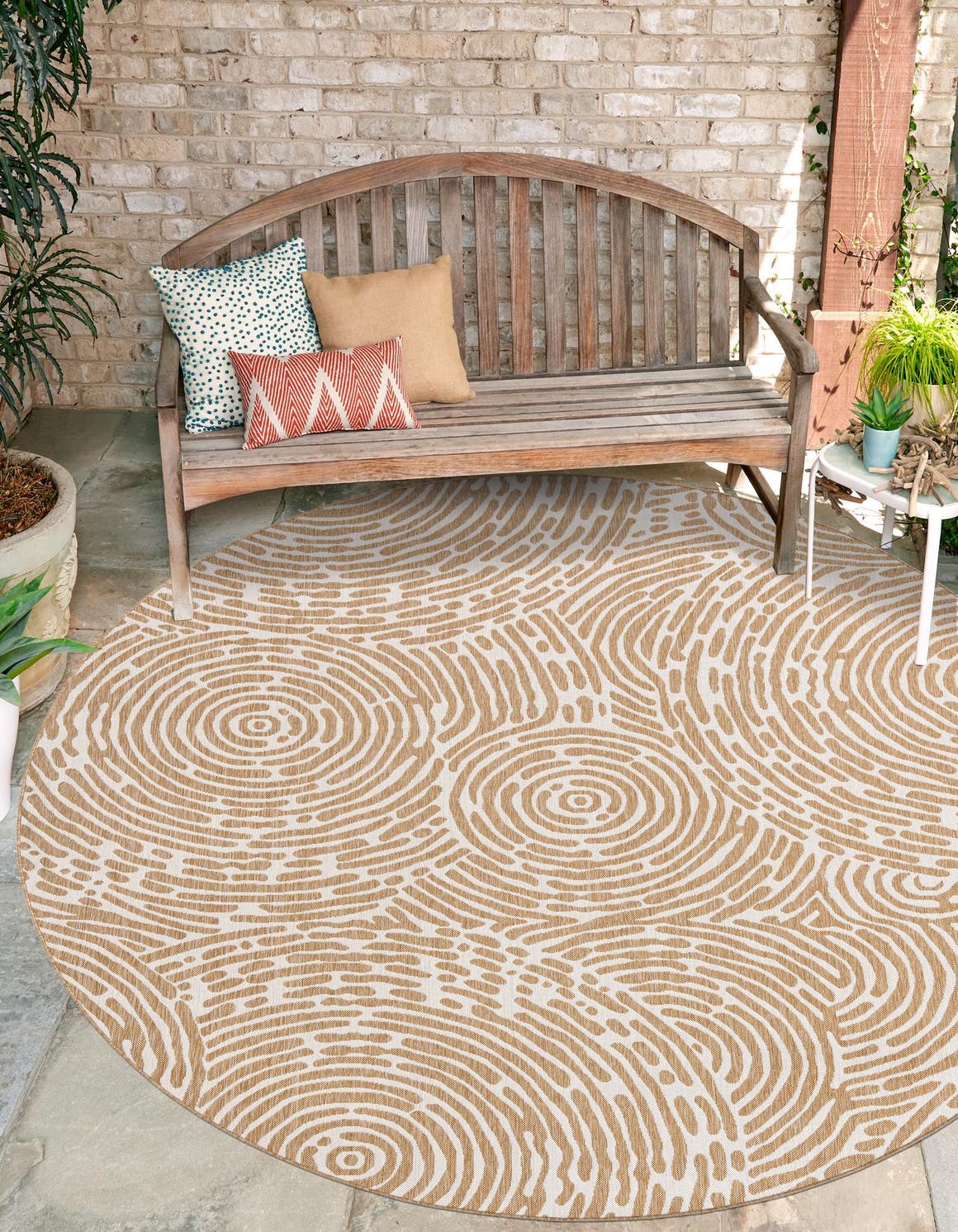 Taupe 6' 1 x 6' 1 Outdoor Modern Round Area Rug Weather Resistant for Patio, Deck, Terrace, Balcony, Porch 100% Polypropylene Modern Outside Carpet for Sale at Rug Engine