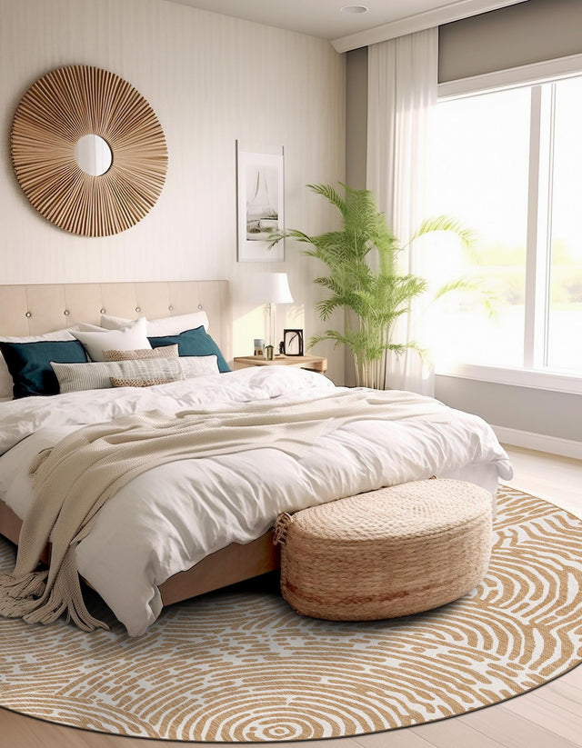 Taupe 3' 1 x 3' 1 Outdoor Modern Round Area Rug Weather Resistant for Patio, Deck, Terrace, Balcony, Porch 100% Polypropylene Modern Outside Carpet for Sale at Rug Engine