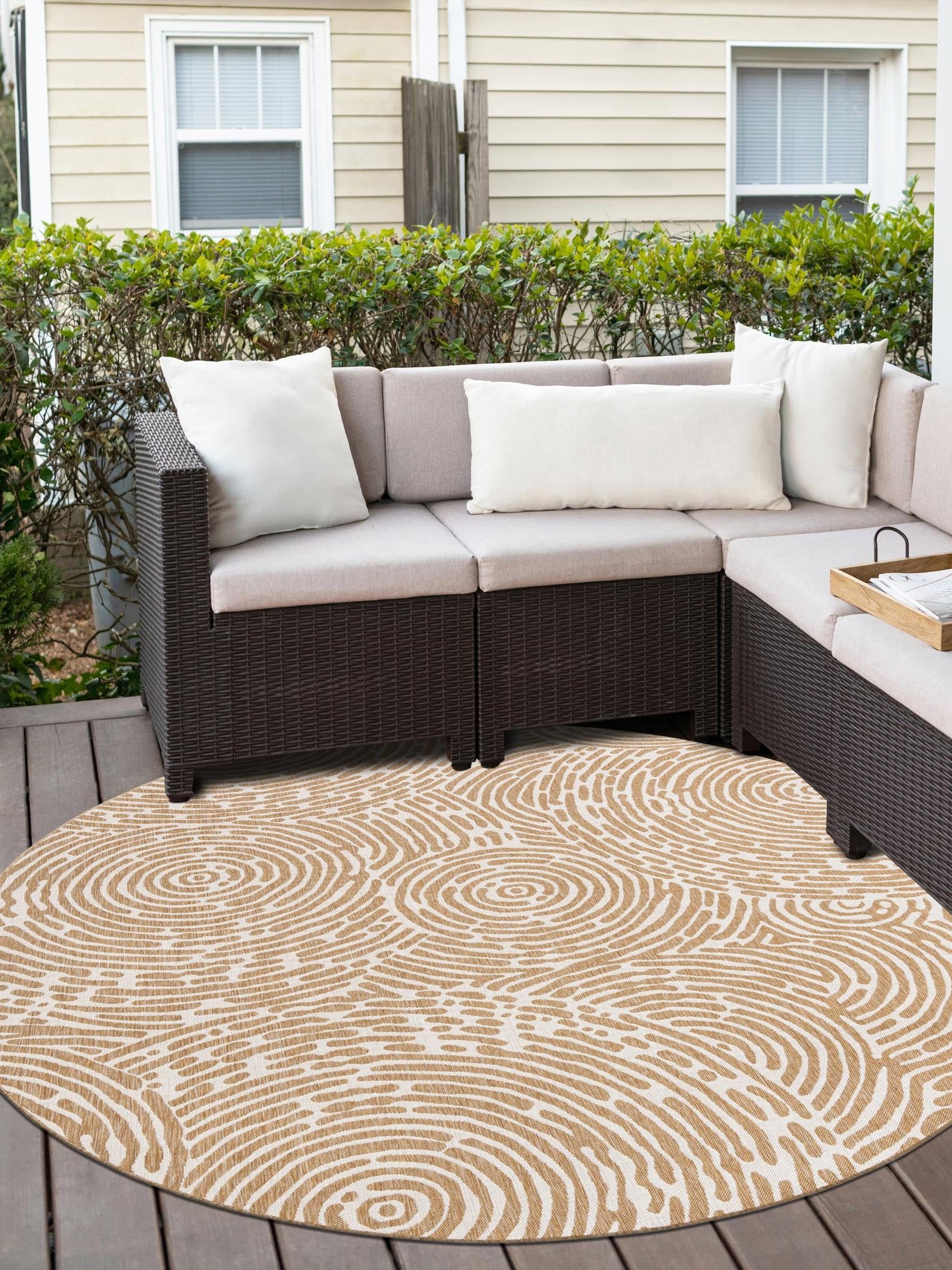 Taupe 7' 10 x 7' 10 Outdoor Modern Round Area Rug Weather Resistant for Patio, Deck, Terrace, Balcony, Porch 100% Polypropylene Modern Outside Carpet for Sale at Rug Engine