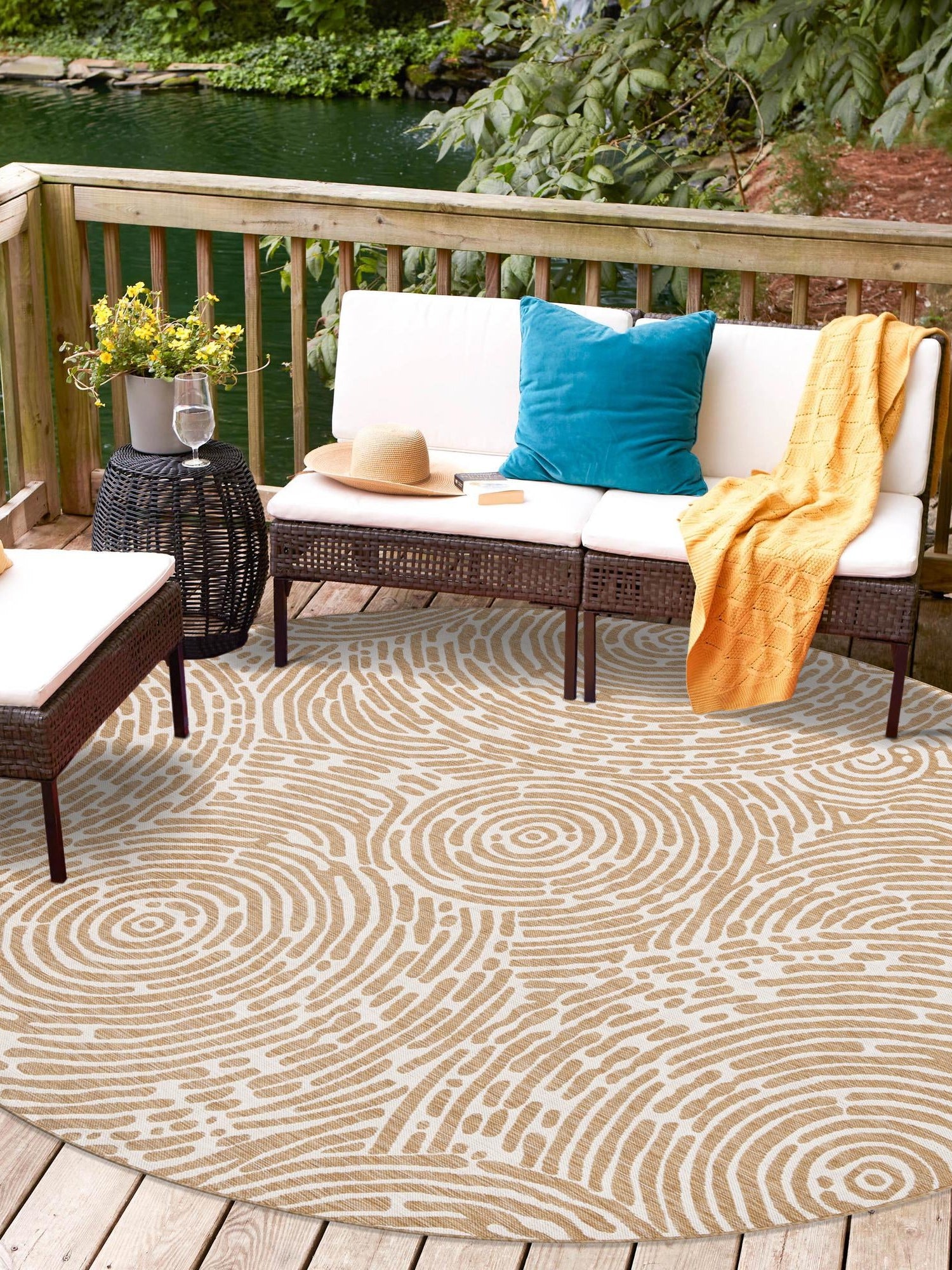 Taupe 3' 1 x 3' 1 Outdoor Modern Round Area Rug Weather Resistant for Patio, Deck, Terrace, Balcony, Porch 100% Polypropylene Modern Outside Carpet for Sale at Rug Engine