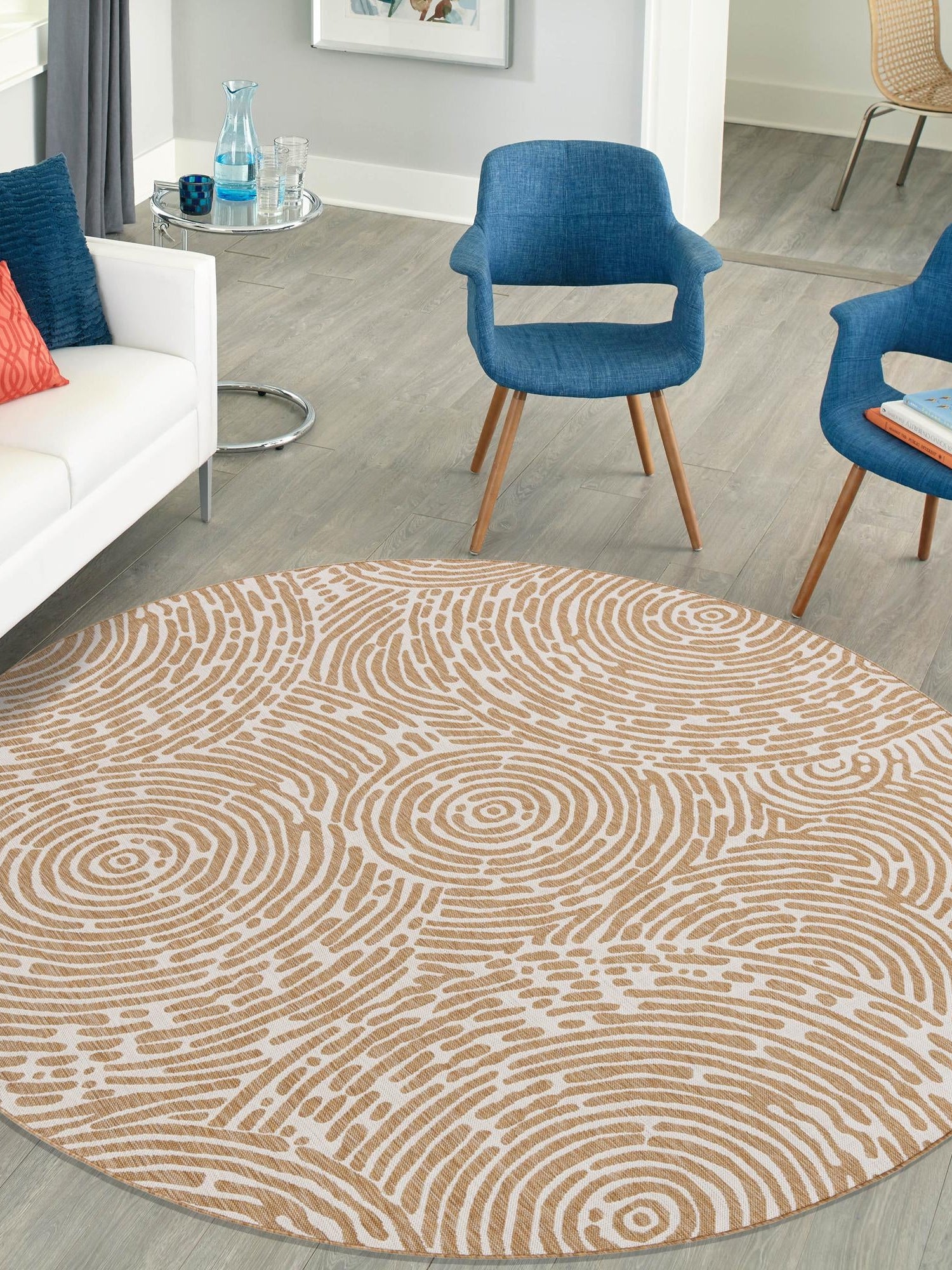 Taupe 7' 10 x 7' 10 Outdoor Modern Round Area Rug Weather Resistant for Patio, Deck, Terrace, Balcony, Porch 100% Polypropylene Modern Outside Carpet for Sale at Rug Engine