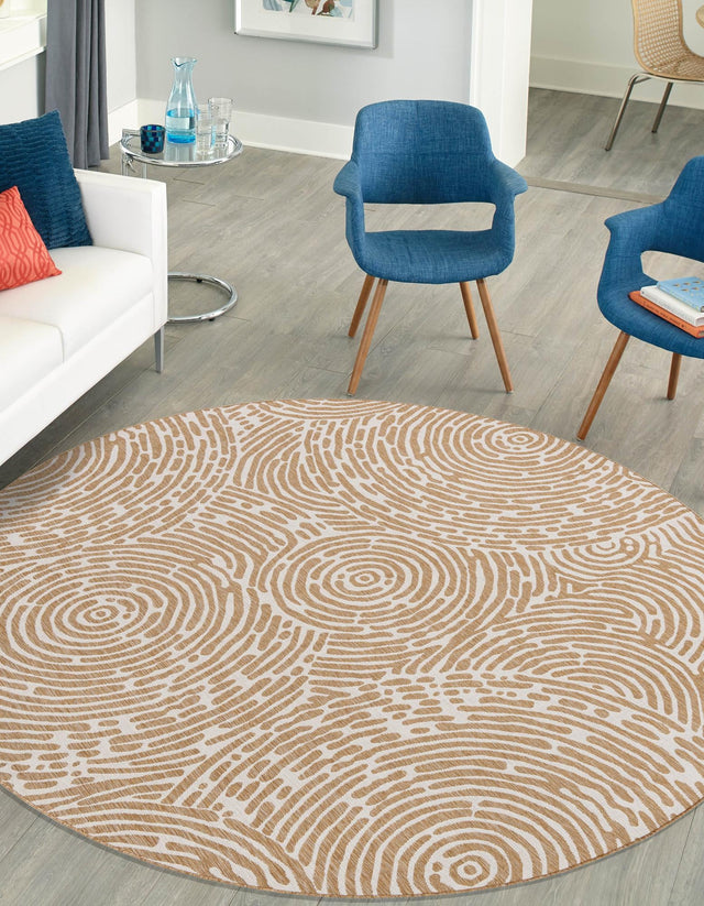 Taupe 10' x 10' Outdoor Modern Round Area Rug Weather Resistant for Patio, Deck, Terrace, Balcony, Porch 100% Polypropylene Modern Outside Carpet for Sale at Rug Engine