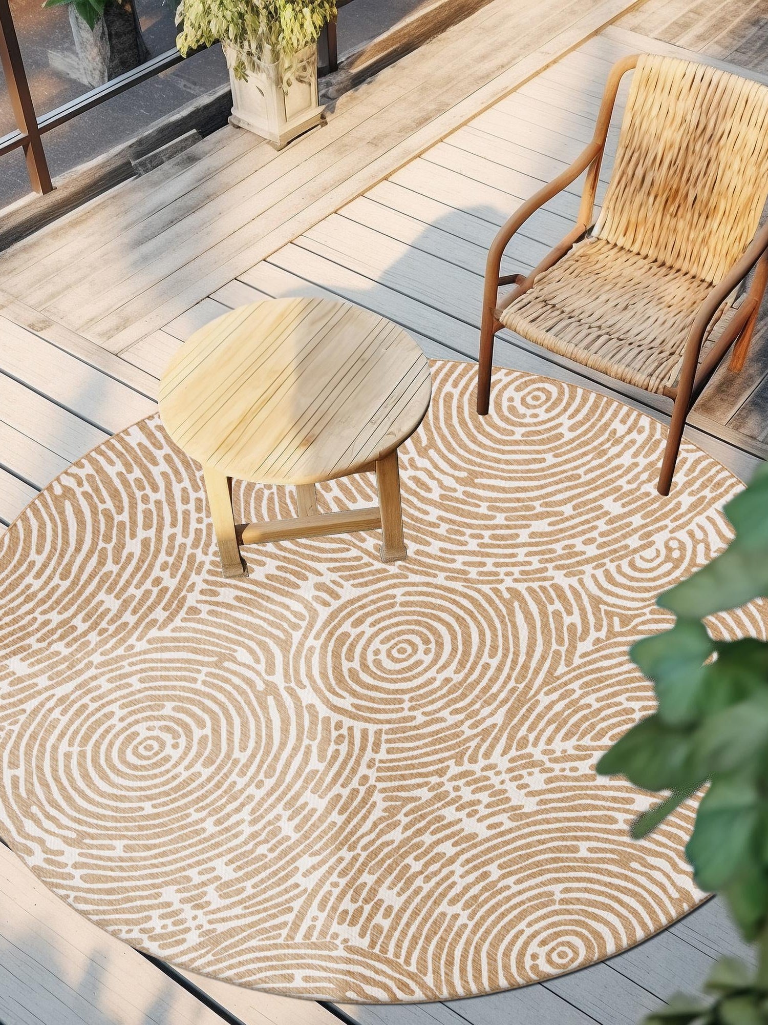 Taupe 7' 10 x 7' 10 Outdoor Modern Round Area Rug Weather Resistant for Patio, Deck, Terrace, Balcony, Porch 100% Polypropylene Modern Outside Carpet for Sale at Rug Engine