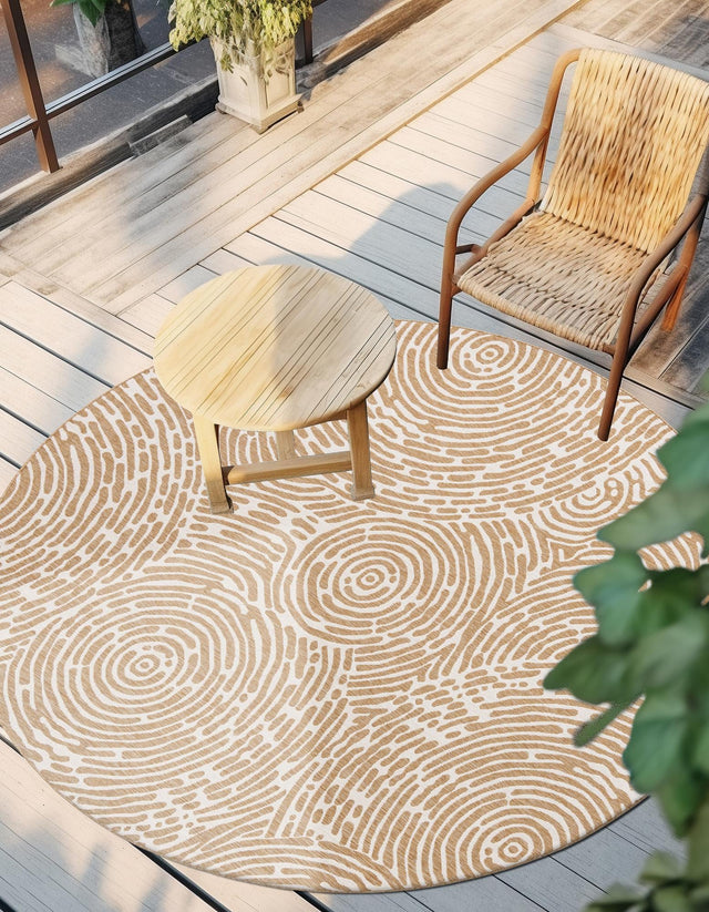 Taupe 7' 10 x 7' 10 Outdoor Modern Round Area Rug Weather Resistant for Patio, Deck, Terrace, Balcony, Porch 100% Polypropylene Modern Outside Carpet for Sale at Rug Engine