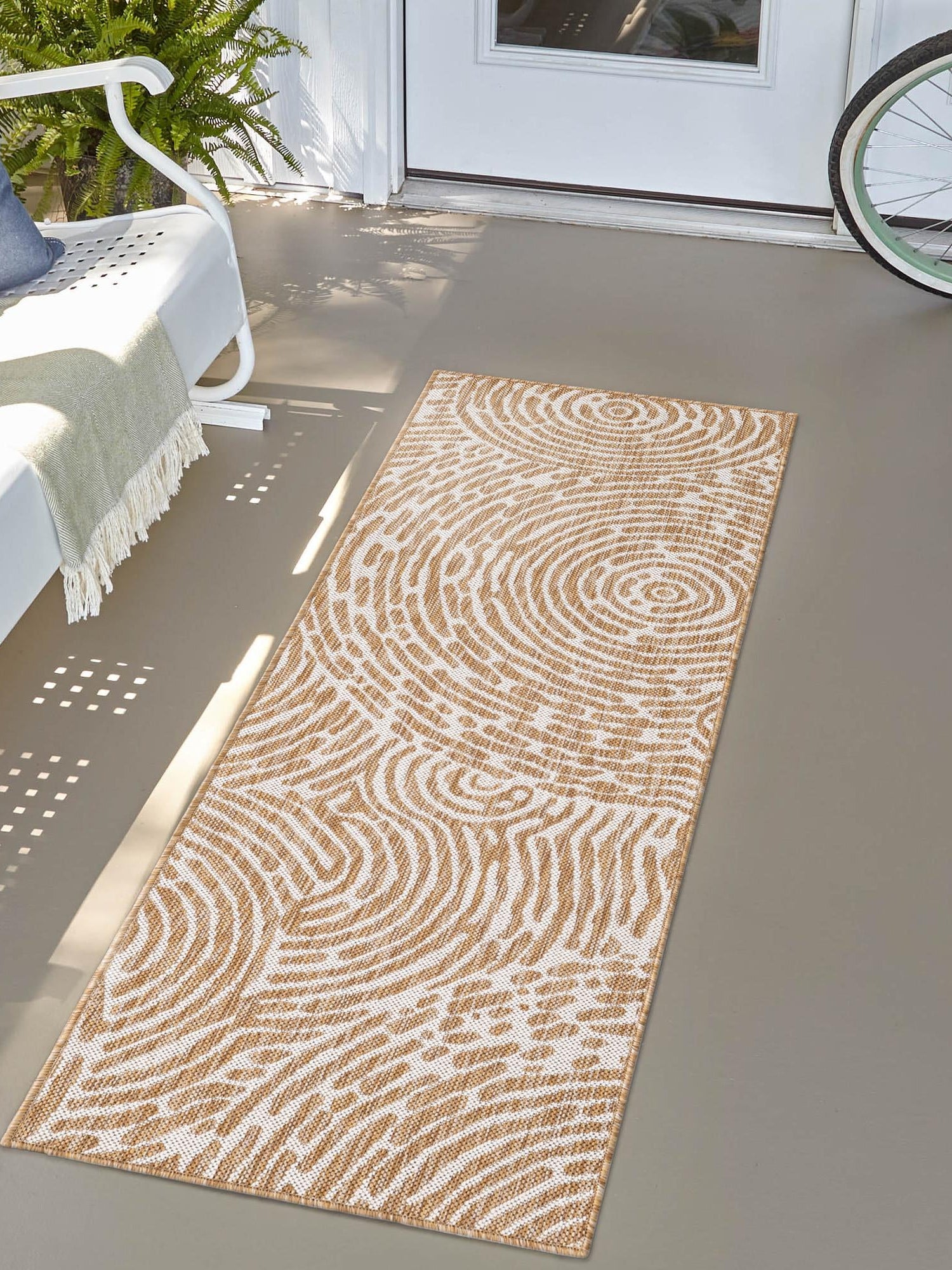 Taupe 2' x 4' 1 Outdoor Modern Runner Area Rug Weather Resistant for Patio, Deck, Terrace, Balcony, Porch 100% Polypropylene Modern Outside Carpet for Sale at Rug Engine
