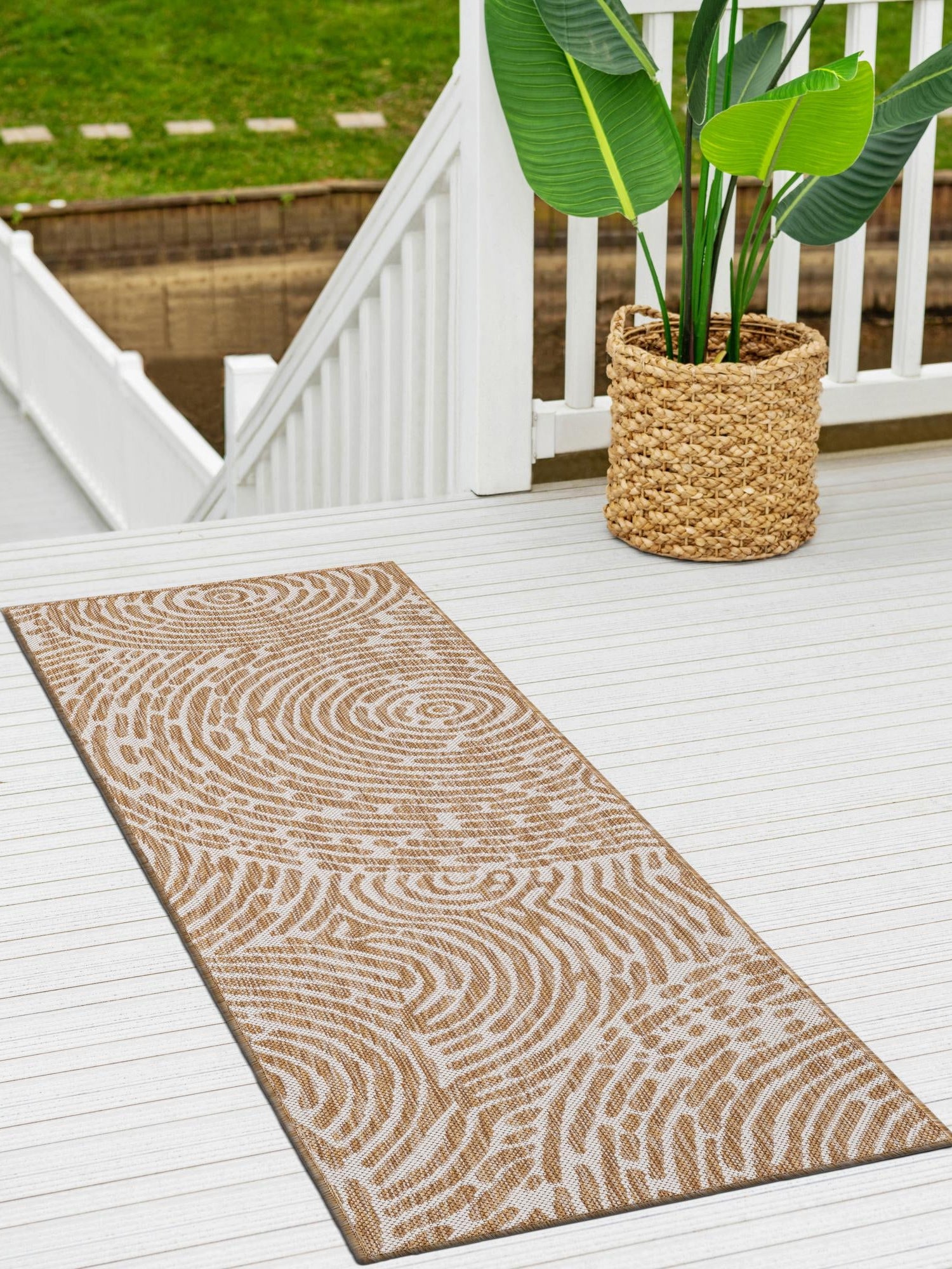 Taupe 2' x 6' 1 Outdoor Modern Runner Area Rug Weather Resistant for Patio, Deck, Terrace, Balcony, Porch 100% Polypropylene Modern Outside Carpet for Sale at Rug Engine