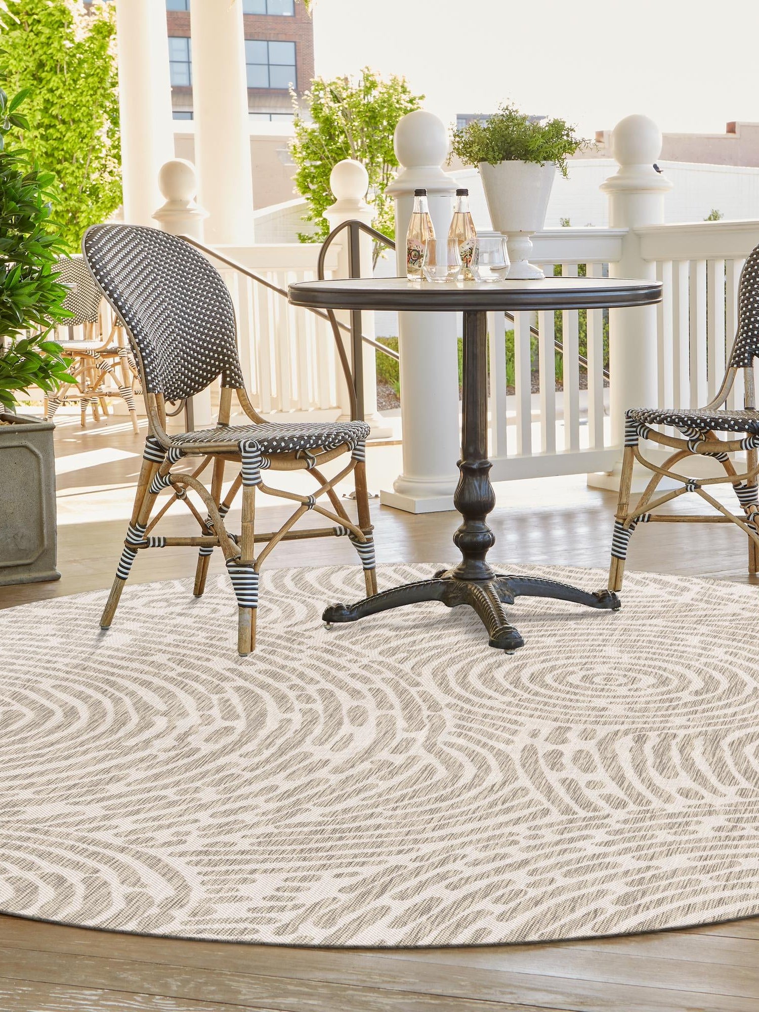 Gray 6' 1 x 6' 1 Outdoor Modern Round Area Rug Weather Resistant for Patio, Deck, Terrace, Balcony, Porch 100% Polypropylene Modern Outside Carpet for Sale at Rug Engine