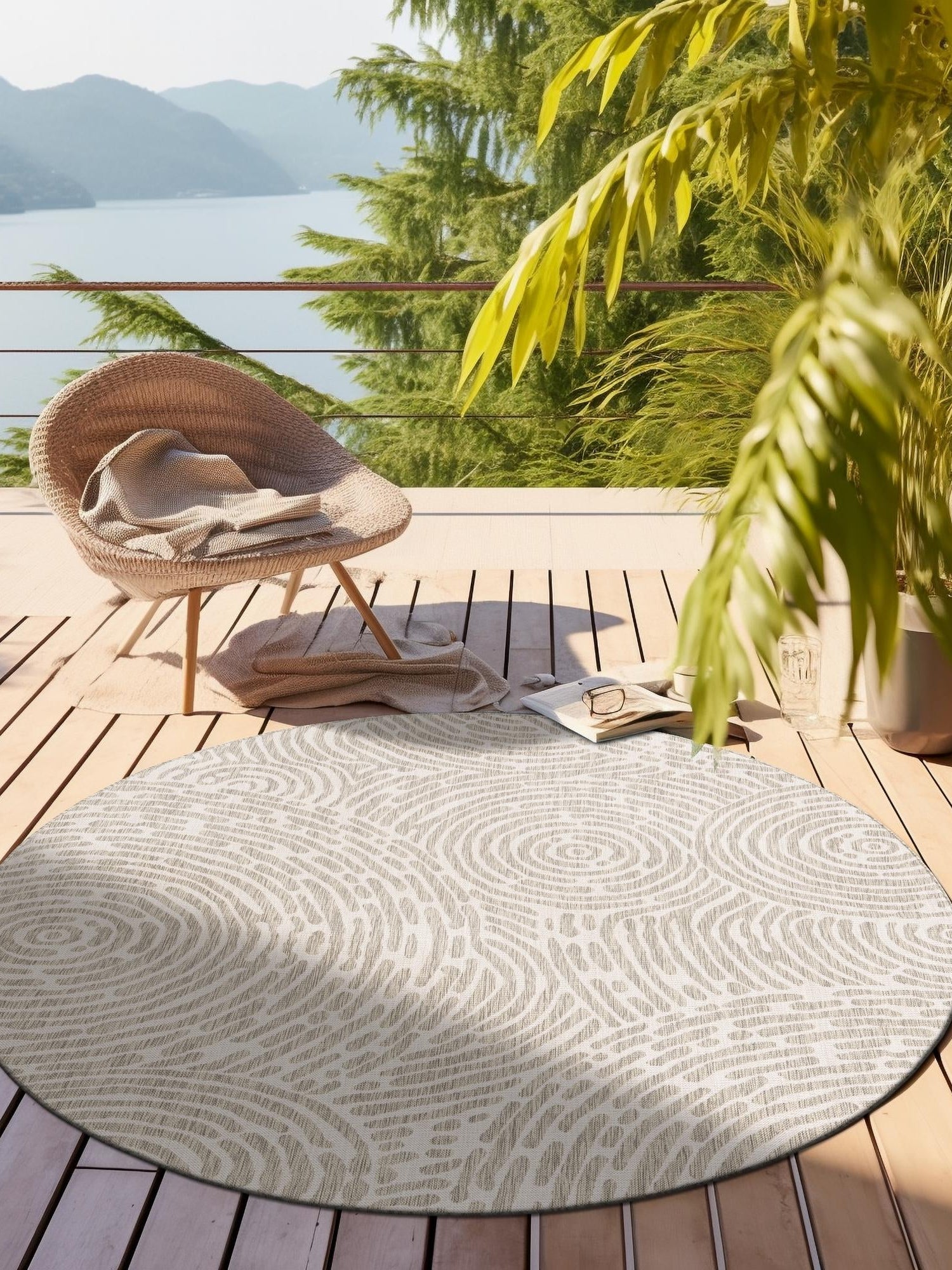 Gray 3' 1 x 3' 1 Outdoor Modern Round Area Rug Weather Resistant for Patio, Deck, Terrace, Balcony, Porch 100% Polypropylene Modern Outside Carpet for Sale at Rug Engine
