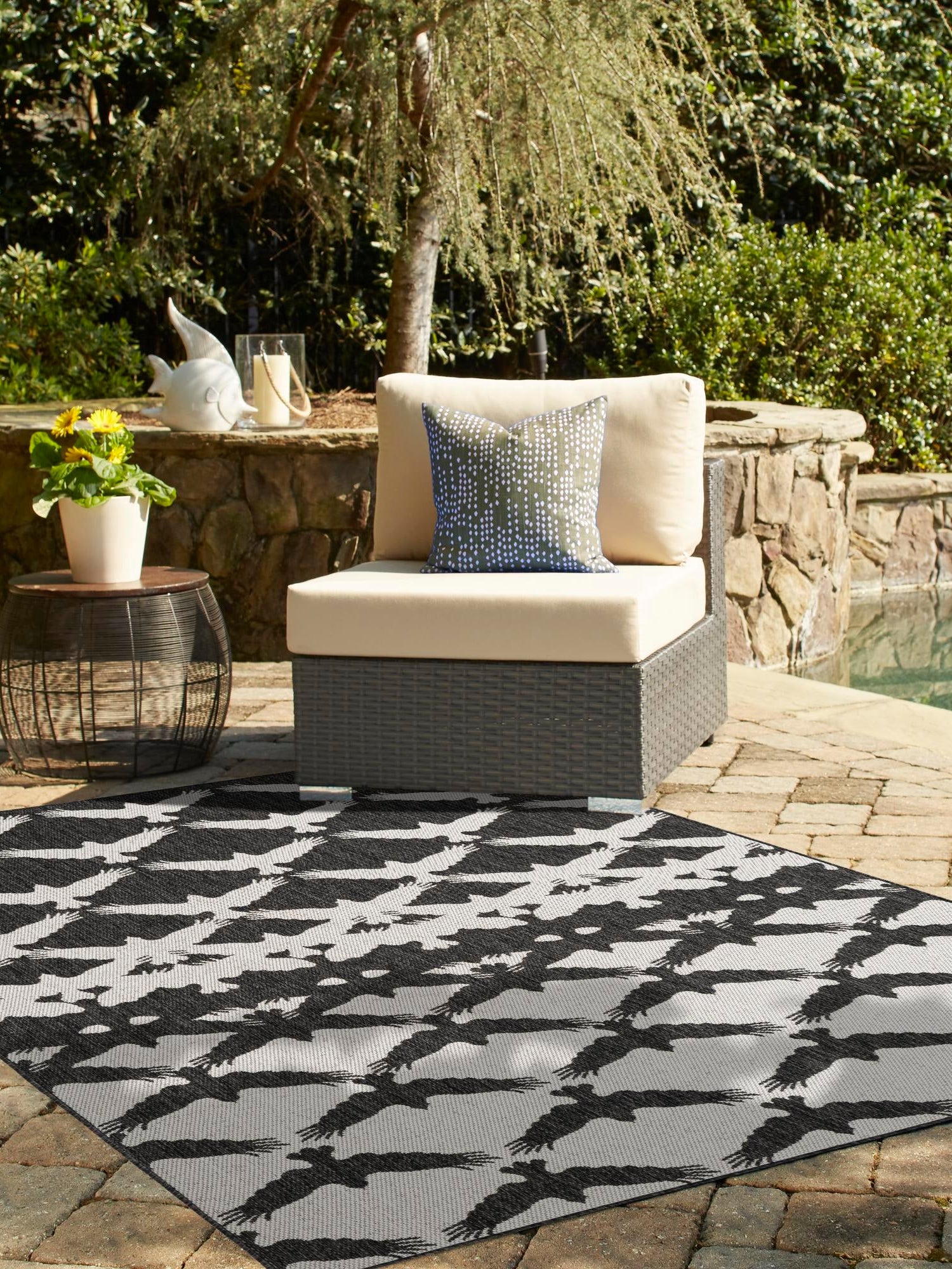 Black and White 7' 10 x 10' Outdoor Modern Rectangle Area Rug Weather Resistant for Patio, Deck, Terrace, Balcony, Porch 100% Polypropylene Modern Outside Carpet for Sale at Rug Engine