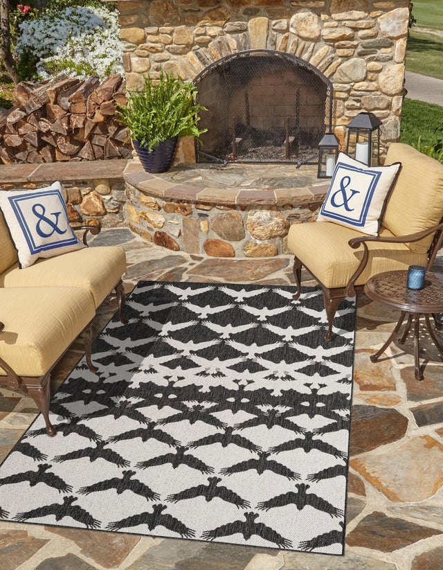 Black and White 4' 1 x 6' 1 Outdoor Modern Rectangle Area Rug Weather Resistant for Patio, Deck, Terrace, Balcony, Porch 100% Polypropylene Modern Outside Carpet for Sale at Rug Engine
