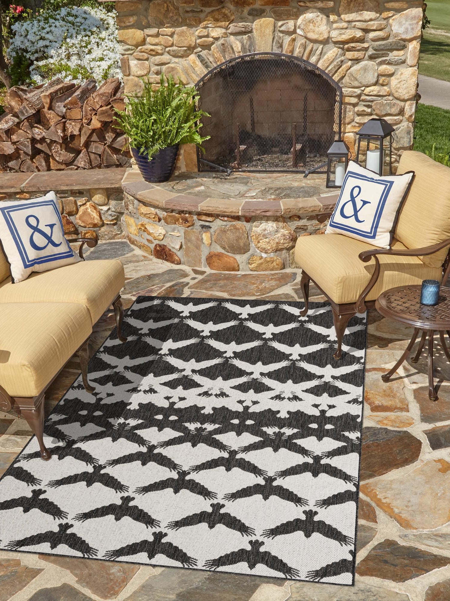 Black and White 5' 3 x 7' 1 Outdoor Modern Rectangle Area Rug Weather Resistant for Patio, Deck, Terrace, Balcony, Porch 100% Polypropylene Modern Outside Carpet for Sale at Rug Engine