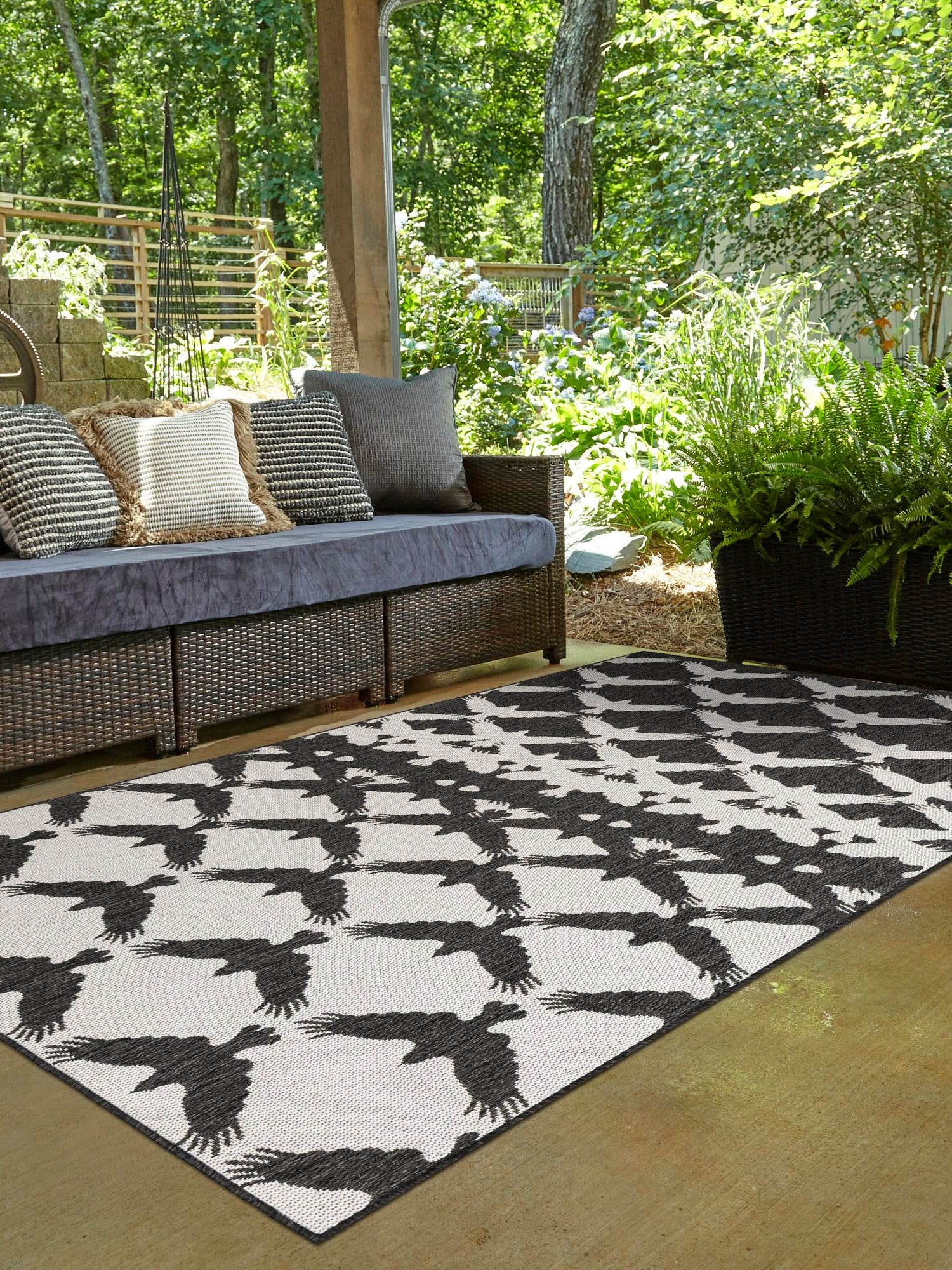 Black and White 4' 1 x 6' 1 Outdoor Modern Rectangle Area Rug Weather Resistant for Patio, Deck, Terrace, Balcony, Porch 100% Polypropylene Modern Outside Carpet for Sale at Rug Engine