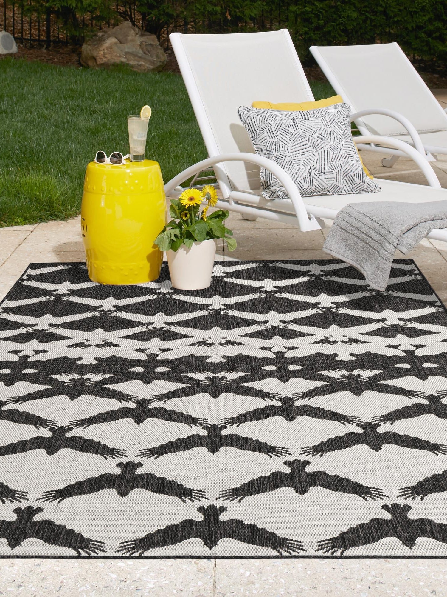 Black and White 10' x 14' 1 Outdoor Modern Rectangle Area Rug Weather Resistant for Patio, Deck, Terrace, Balcony, Porch 100% Polypropylene Modern Outside Carpet for Sale at Rug Engine