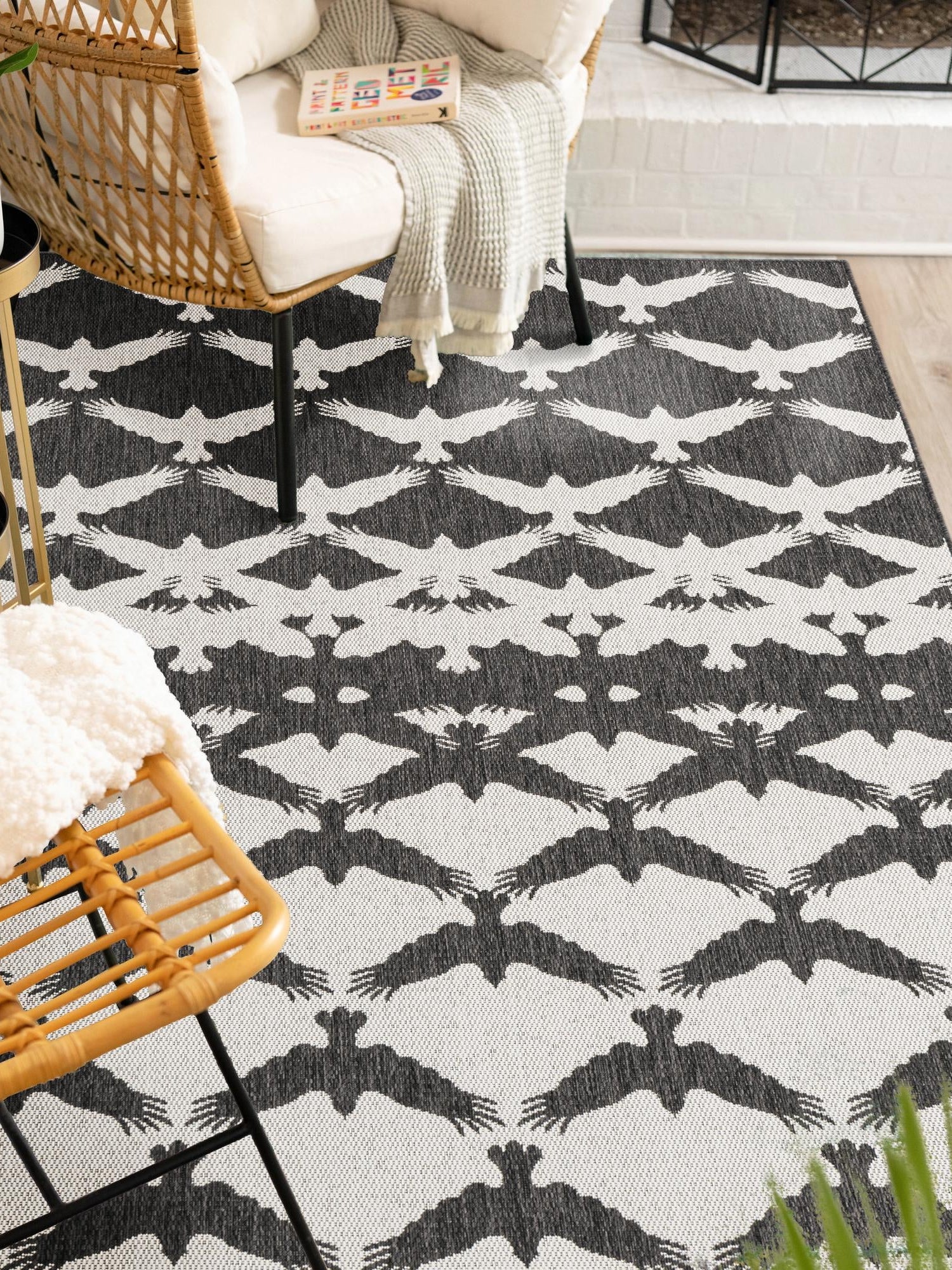 Black and White 9' x 12' Outdoor Modern Rectangle Area Rug Weather Resistant for Patio, Deck, Terrace, Balcony, Porch 100% Polypropylene Modern Outside Carpet for Sale at Rug Engine