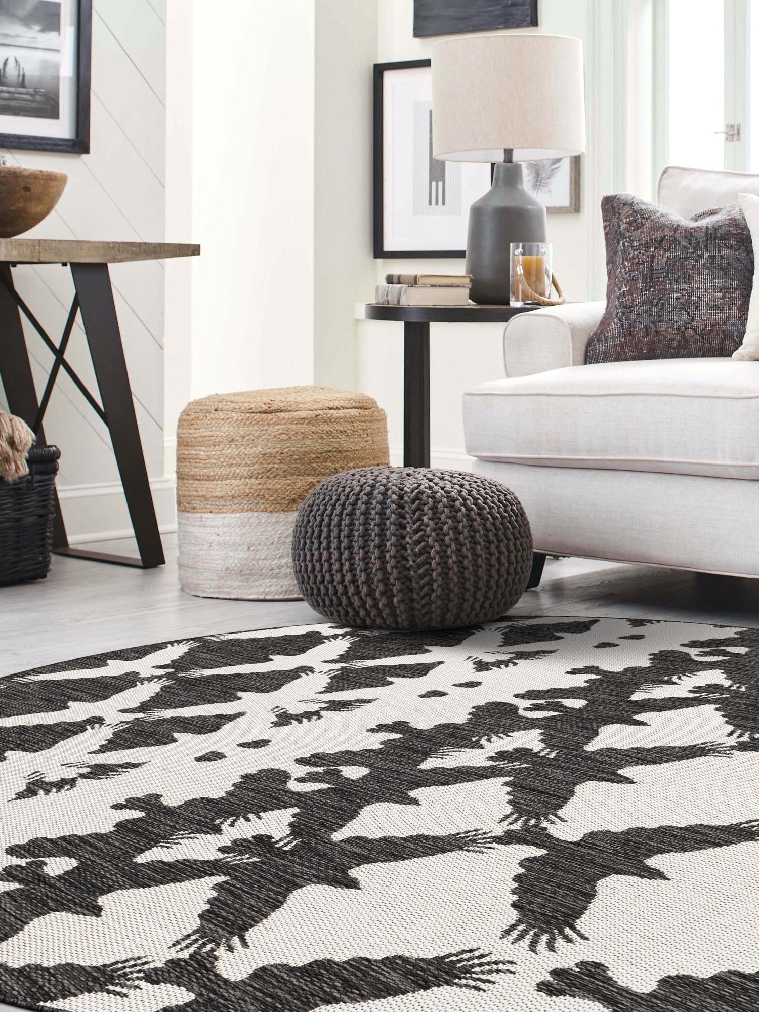Black and White 12' x 12' Outdoor Modern Round Area Rug Weather Resistant for Patio, Deck, Terrace, Balcony, Porch 100% Polypropylene Modern Outside Carpet for Sale at Rug Engine
