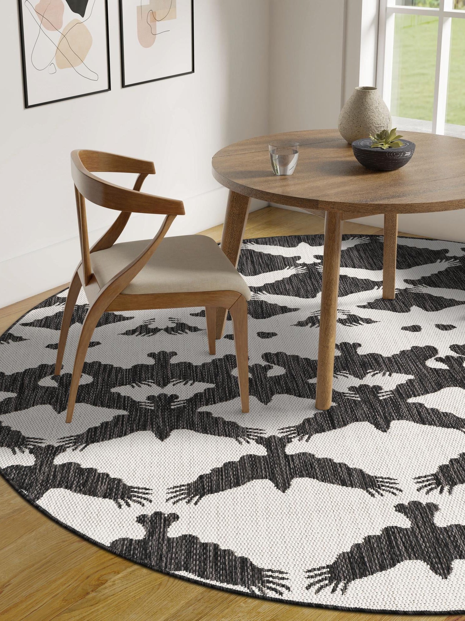 Black and White 3' 1 x 3' 1 Outdoor Modern Round Area Rug Weather Resistant for Patio, Deck, Terrace, Balcony, Porch 100% Polypropylene Modern Outside Carpet for Sale at Rug Engine