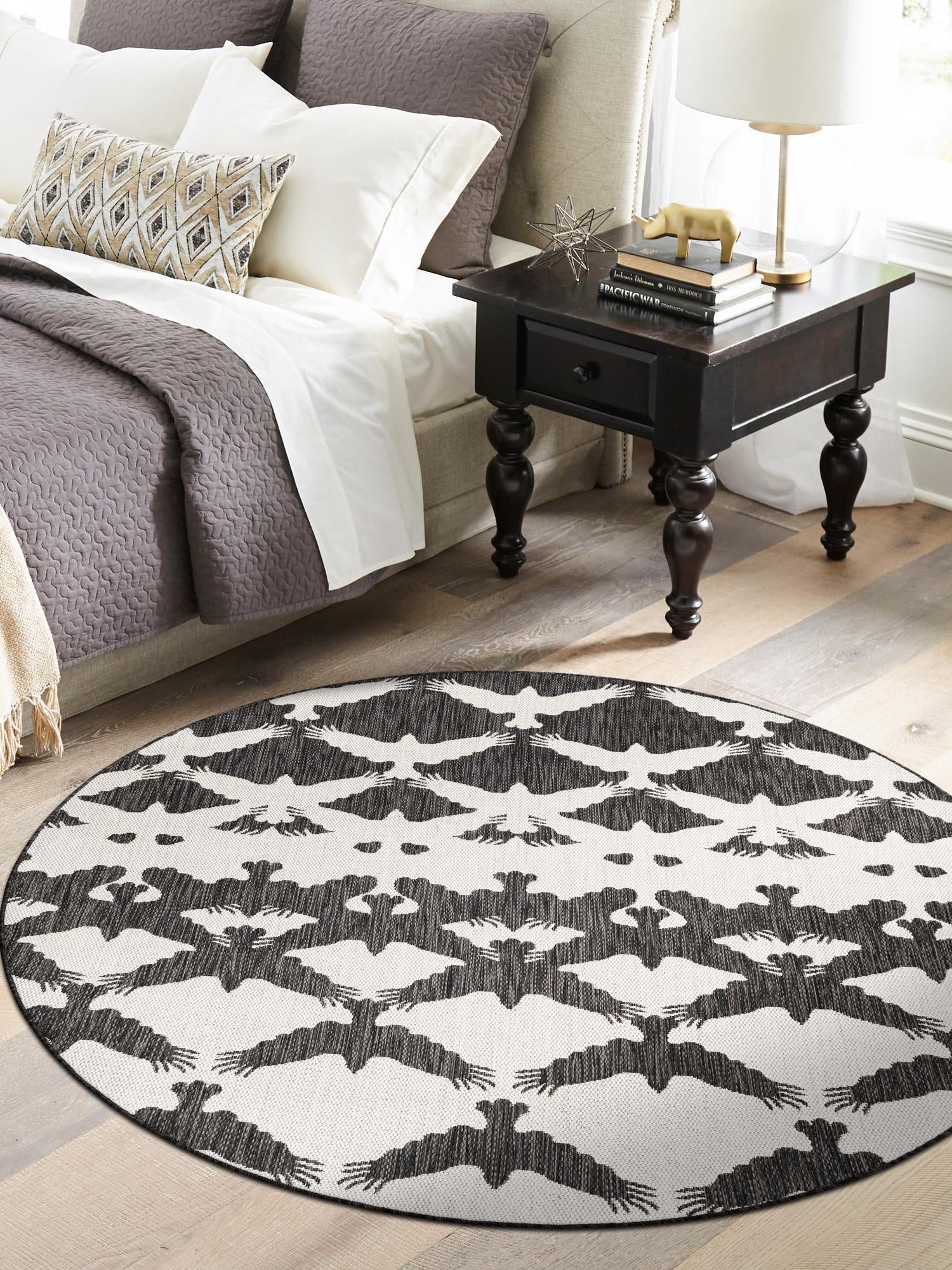 Black and White 10' x 10' Outdoor Modern Round Area Rug Weather Resistant for Patio, Deck, Terrace, Balcony, Porch 100% Polypropylene Modern Outside Carpet for Sale at Rug Engine