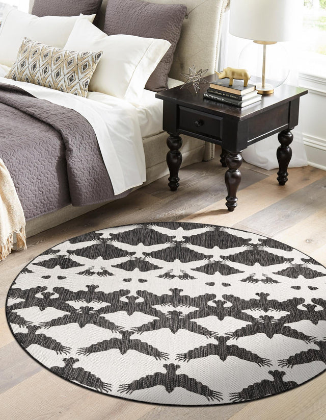 Black and White 3' 1 x 3' 1 Outdoor Modern Round Area Rug Weather Resistant for Patio, Deck, Terrace, Balcony, Porch 100% Polypropylene Modern Outside Carpet for Sale at Rug Engine