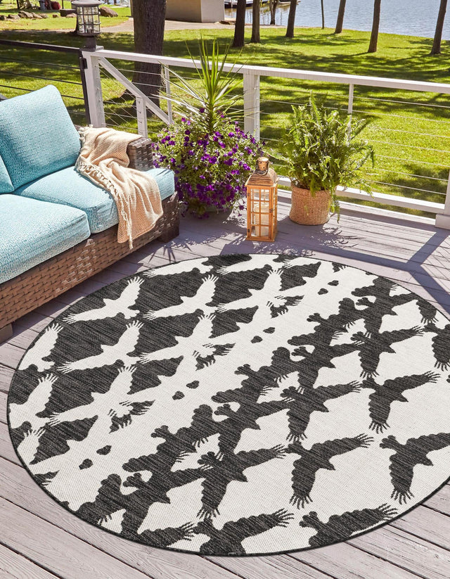 Black and White 3' 1 x 3' 1 Outdoor Modern Round Area Rug Weather Resistant for Patio, Deck, Terrace, Balcony, Porch 100% Polypropylene Modern Outside Carpet for Sale at Rug Engine