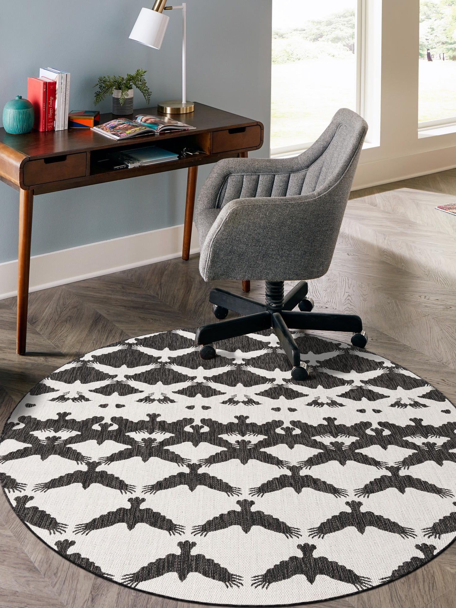 Black and White 12' x 12' Outdoor Modern Round Area Rug Weather Resistant for Patio, Deck, Terrace, Balcony, Porch 100% Polypropylene Modern Outside Carpet for Sale at Rug Engine
