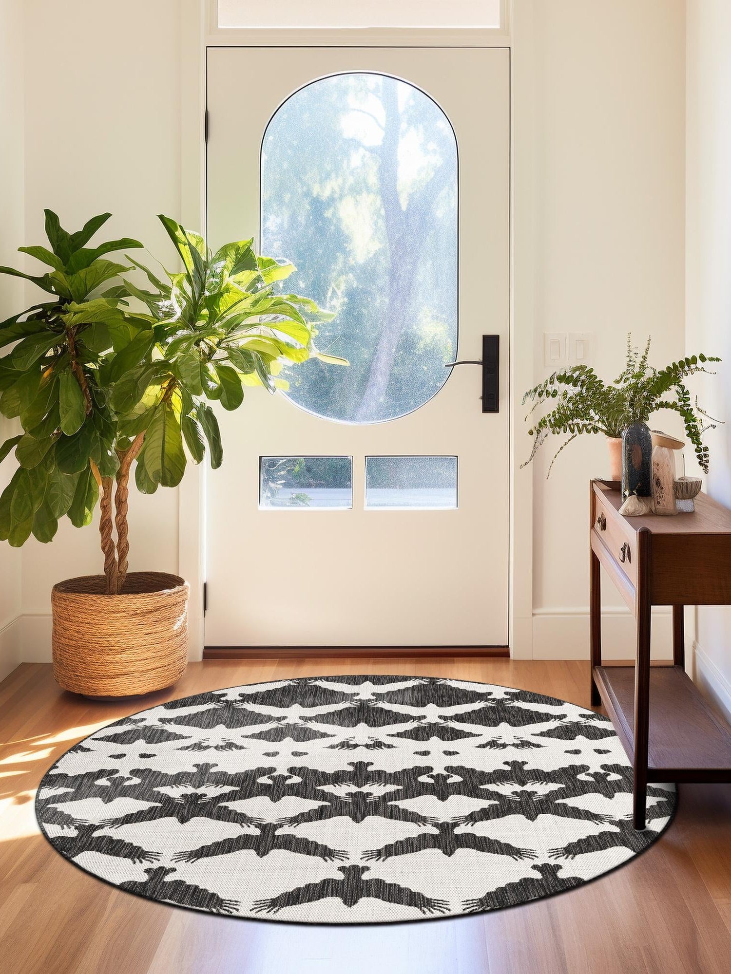 Black and White 12' x 12' Outdoor Modern Round Area Rug Weather Resistant for Patio, Deck, Terrace, Balcony, Porch 100% Polypropylene Modern Outside Carpet for Sale at Rug Engine