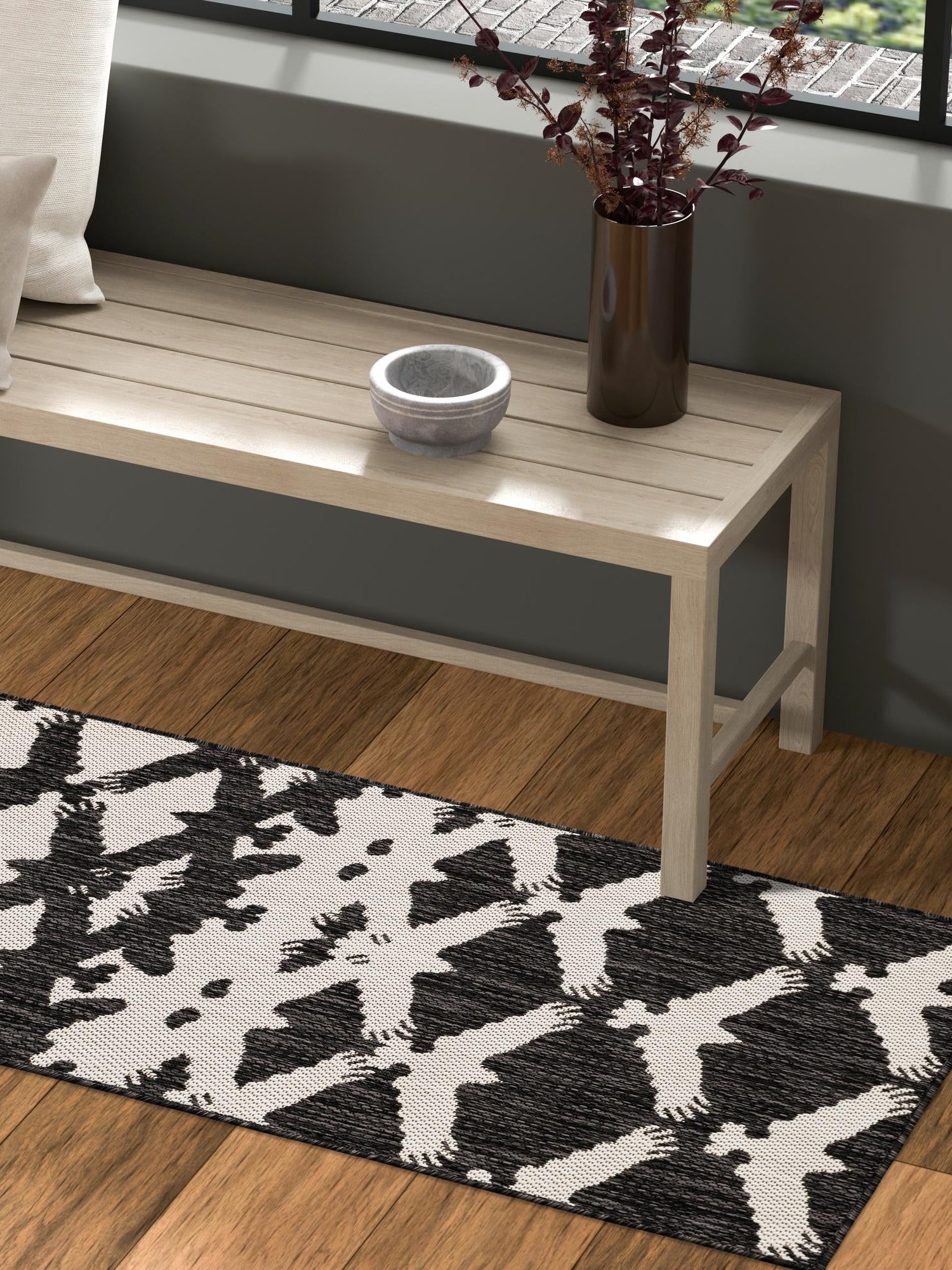 Black and White 2' x 4' 1 Outdoor Modern Runner Area Rug Weather Resistant for Patio, Deck, Terrace, Balcony, Porch 100% Polypropylene Modern Outside Carpet for Sale at Rug Engine